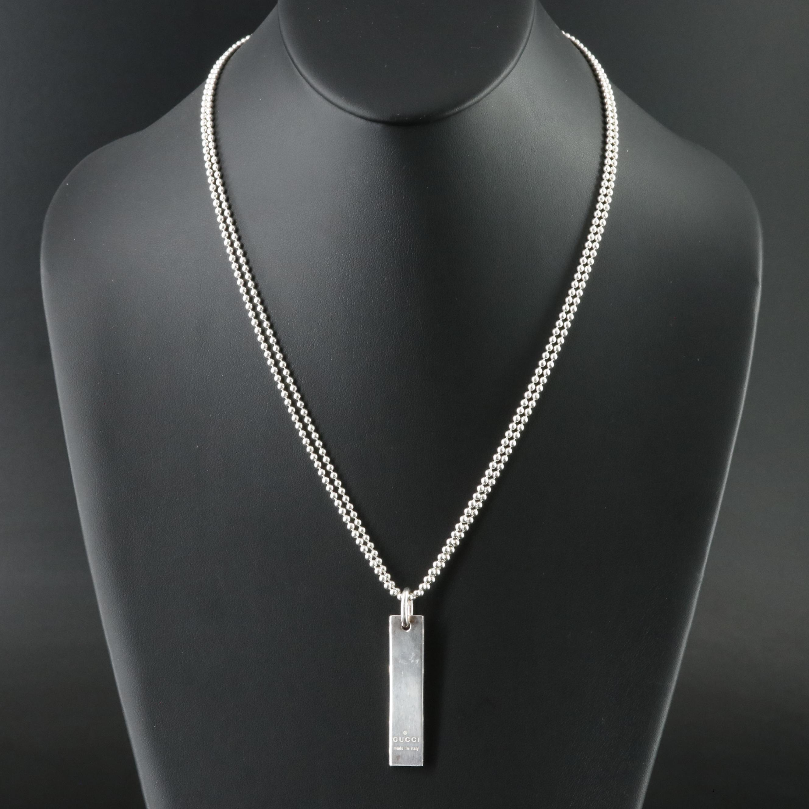 Gucci Sterling Logo Plate Vertical Bar Pendant Necklace