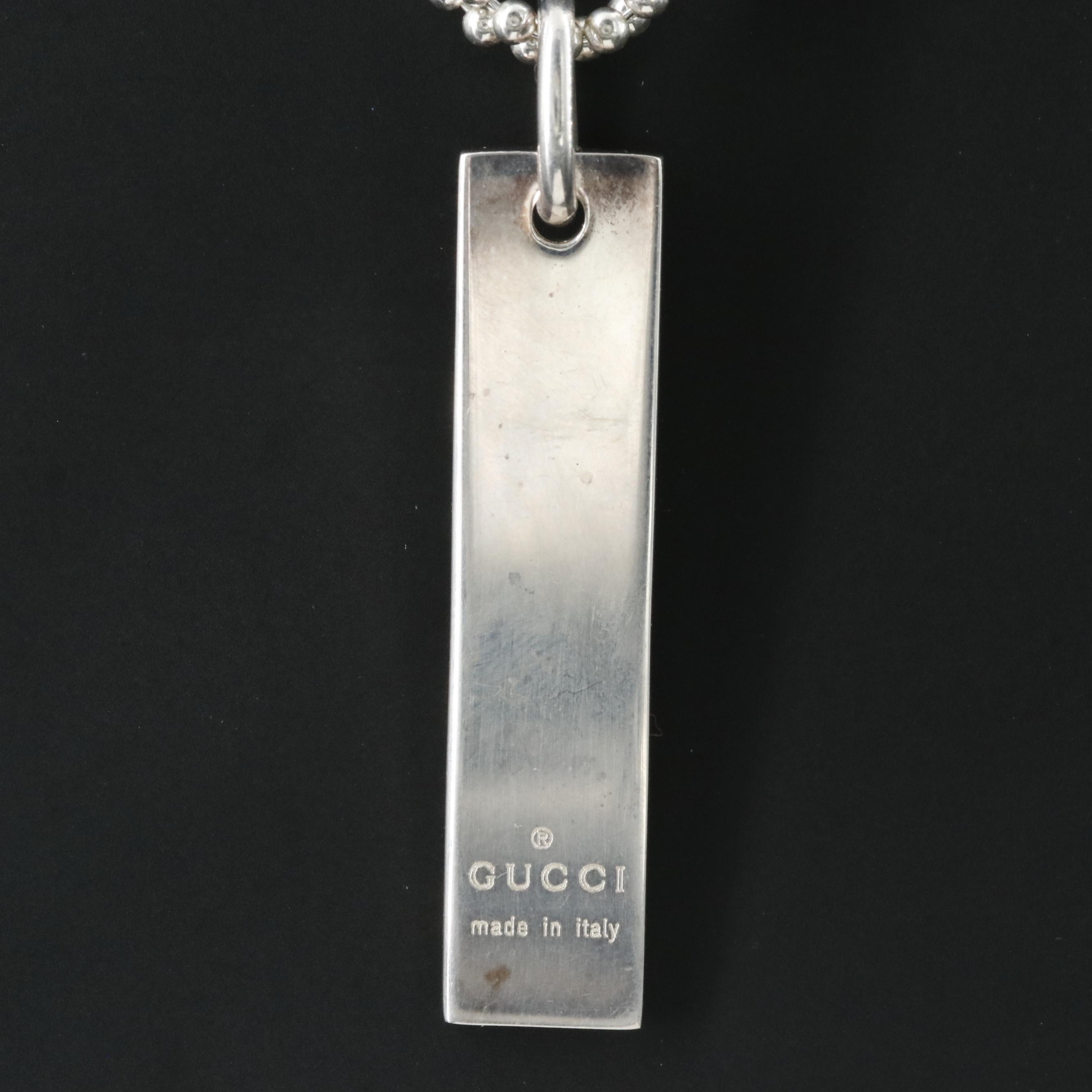 Gucci Sterling Logo Plate Vertical Bar Pendant Necklace