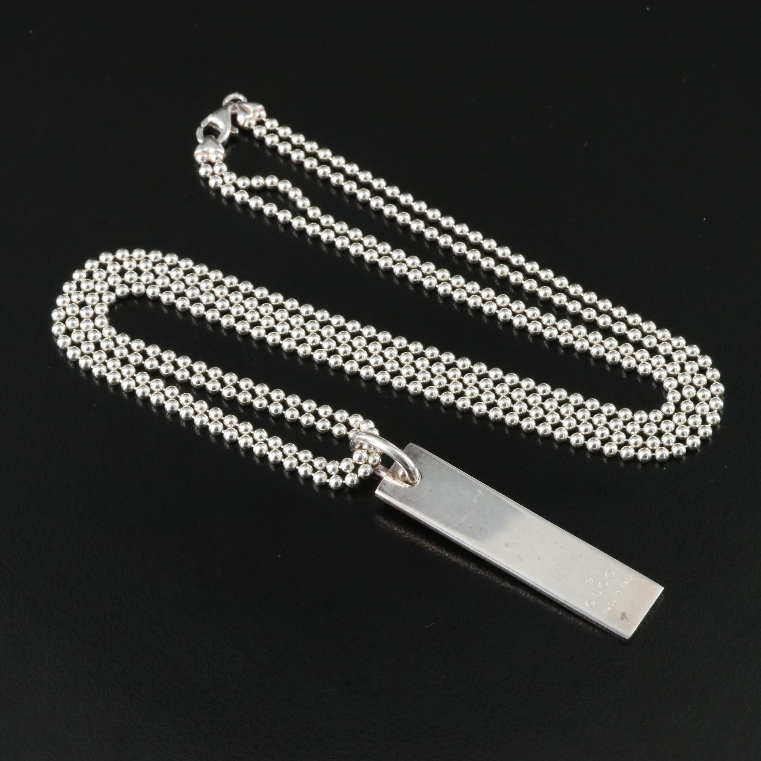 Gucci Sterling Logo Plate Vertical Bar Pendant Necklace