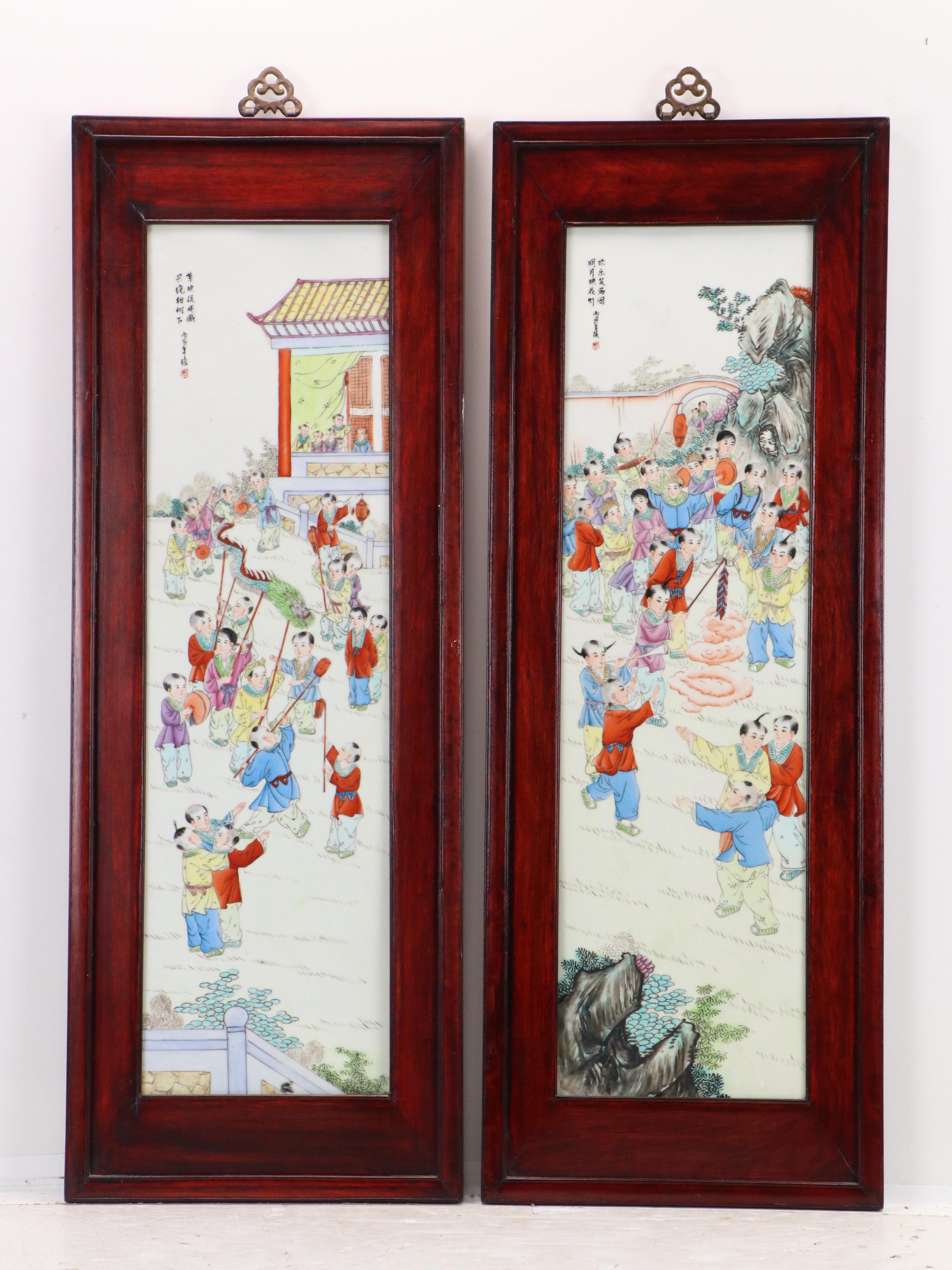 Chinese School Hand-Painted Porcelain Panels with Figural Mythological Scenes