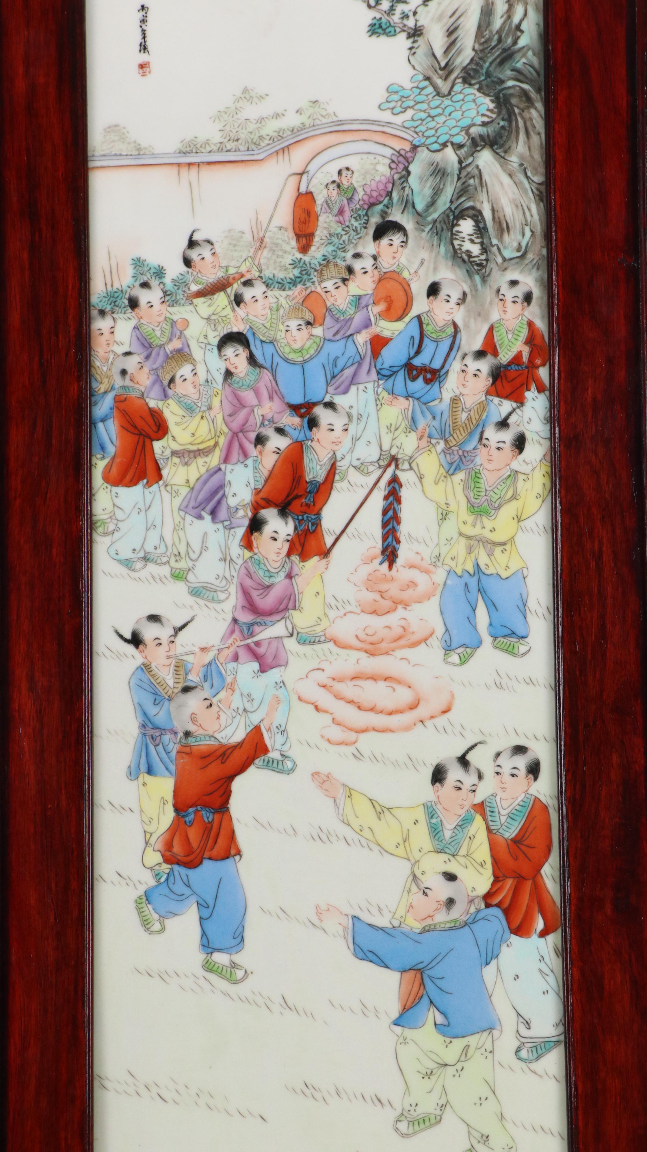 Chinese School Hand-Painted Porcelain Panels with Figural Mythological Scenes