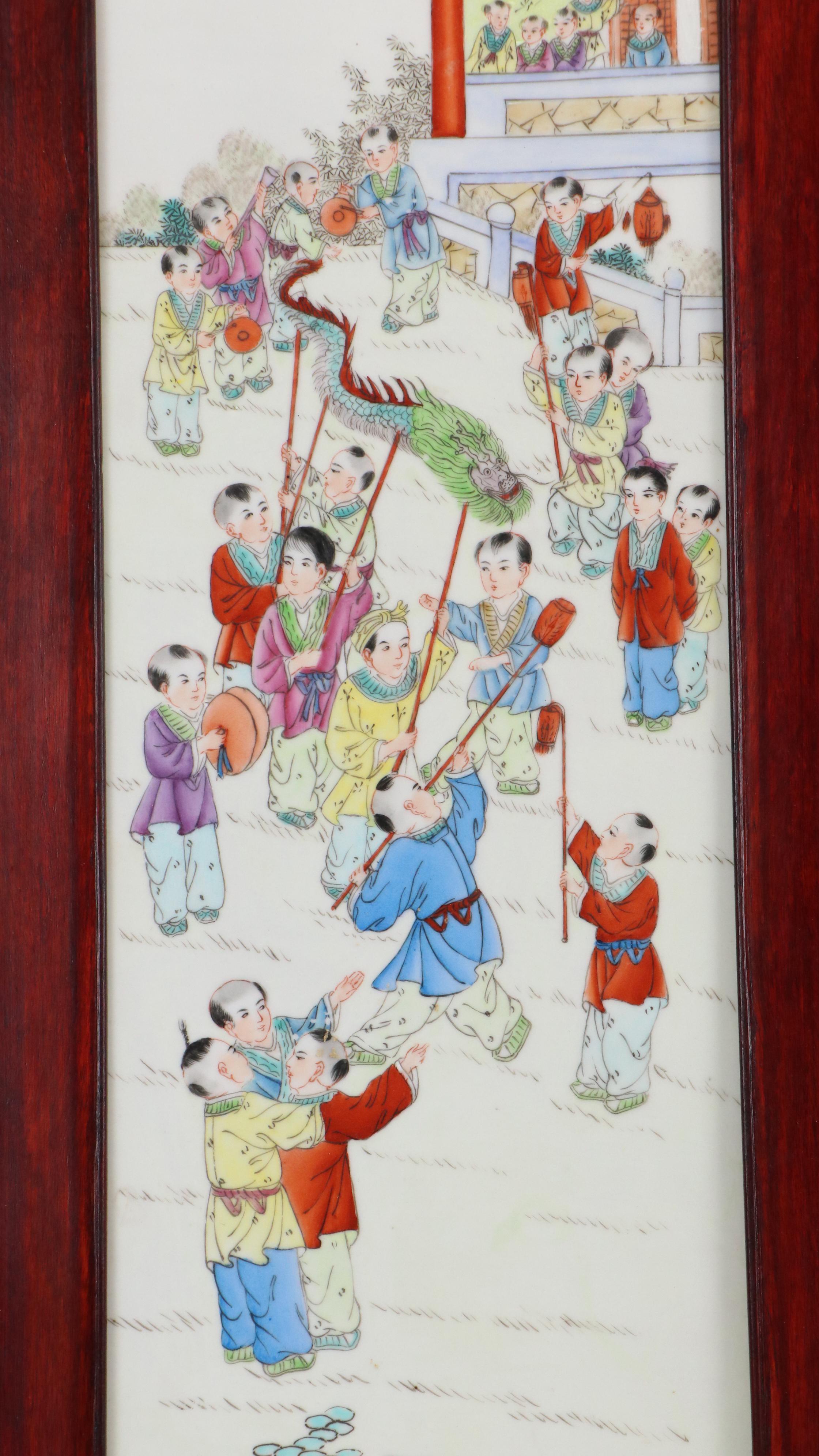 Chinese School Hand-Painted Porcelain Panels with Figural Mythological Scenes