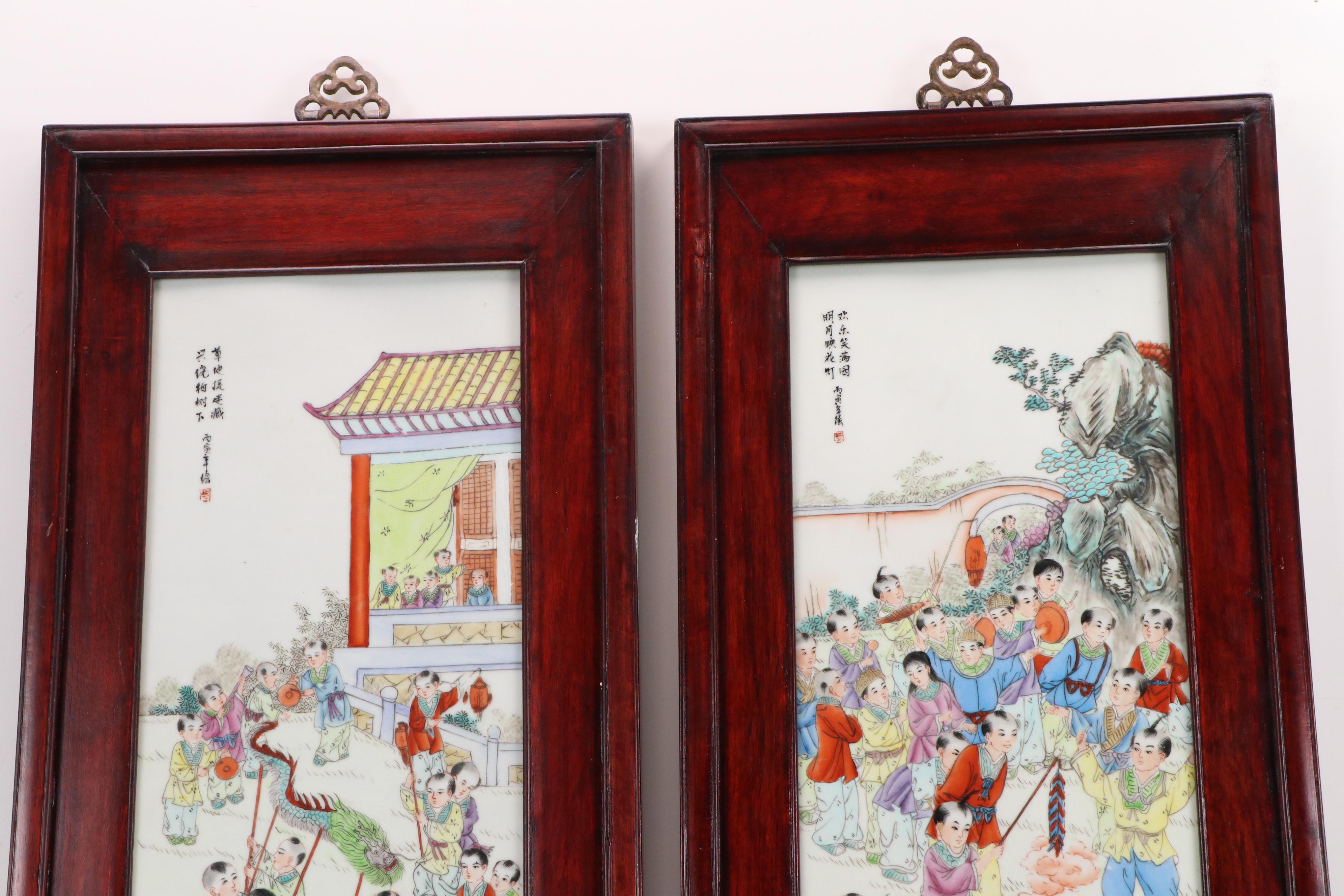Chinese School Hand-Painted Porcelain Panels with Figural Mythological Scenes