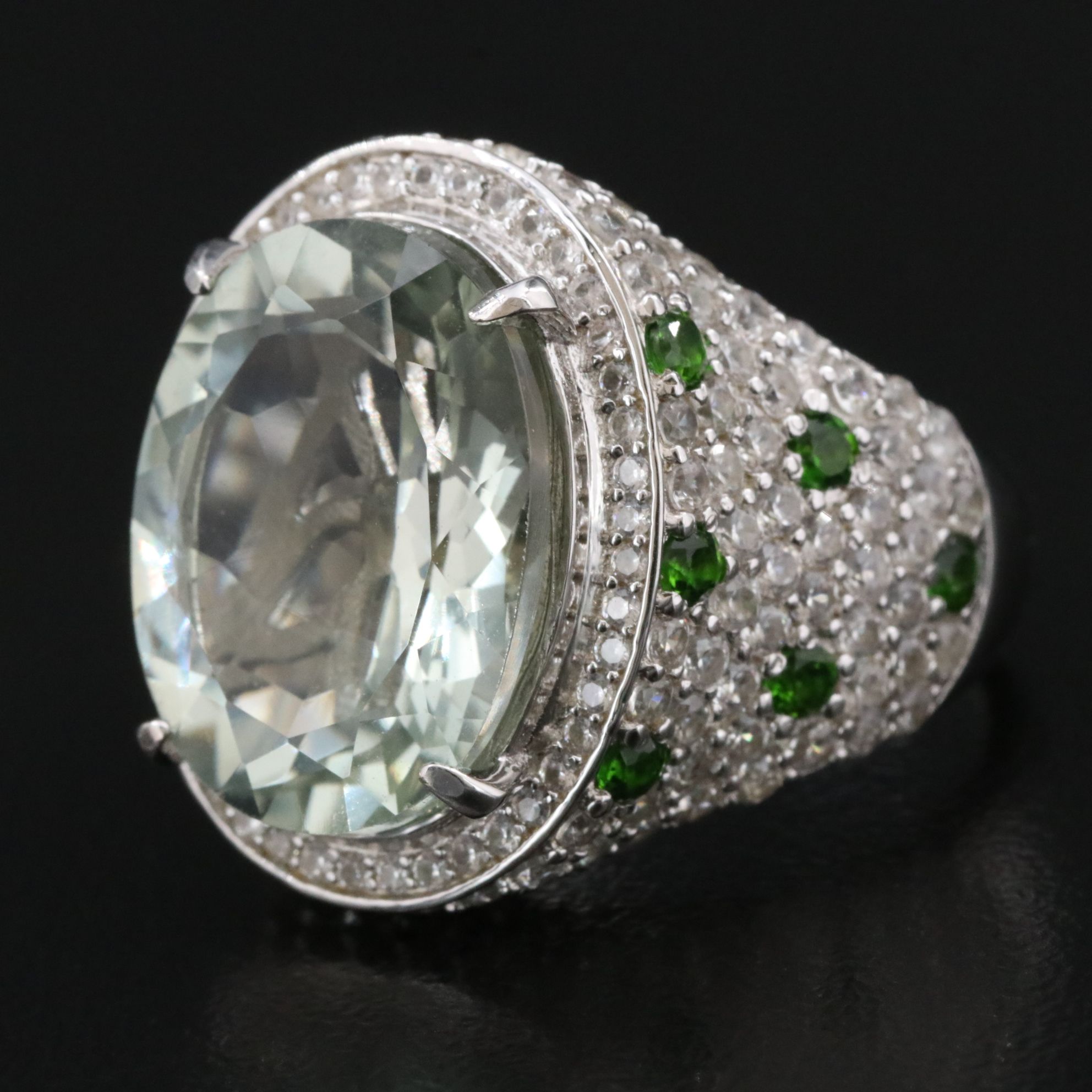 Sterling Prasiolite, White Zircon and Diopside Ring