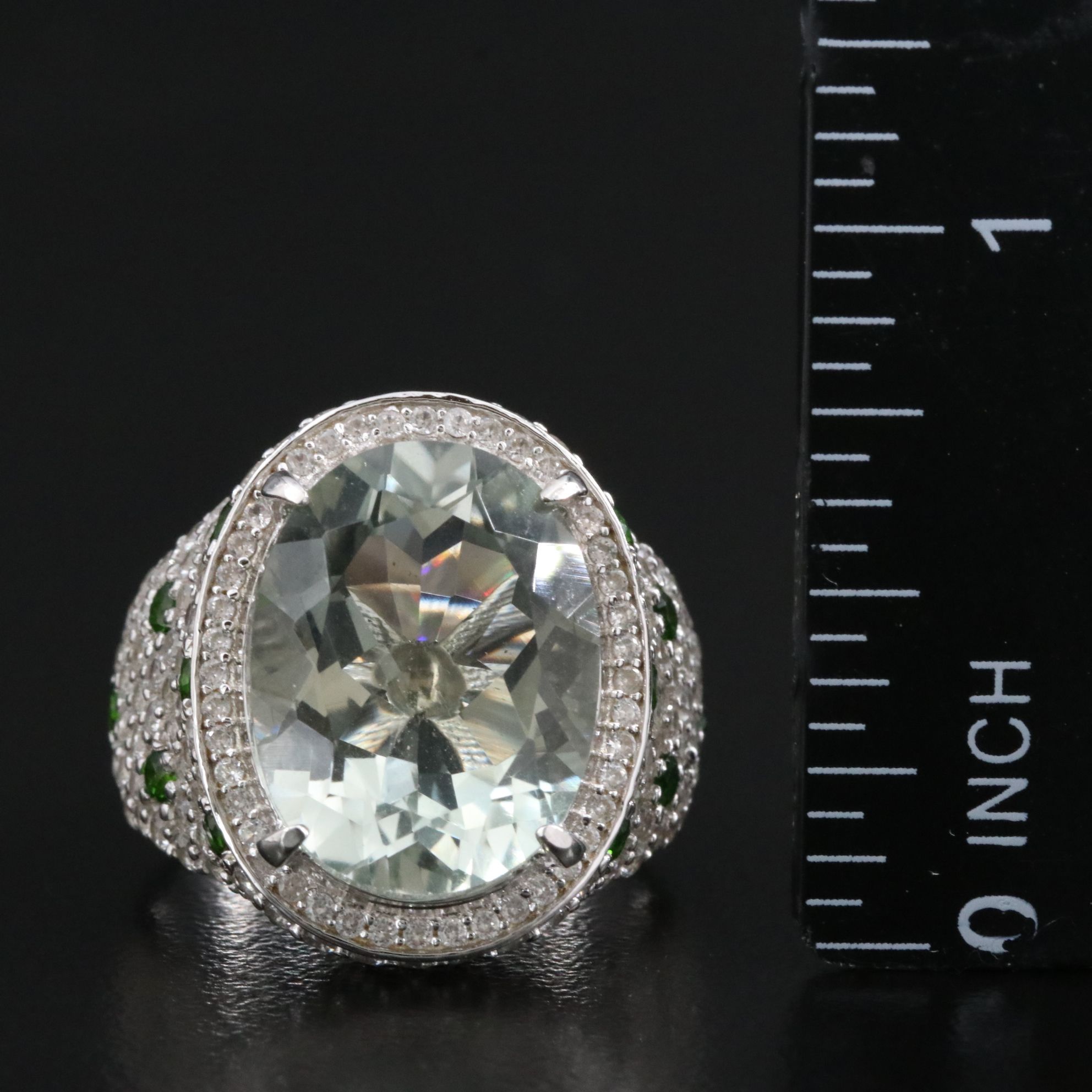 Sterling Prasiolite, White Zircon and Diopside Ring