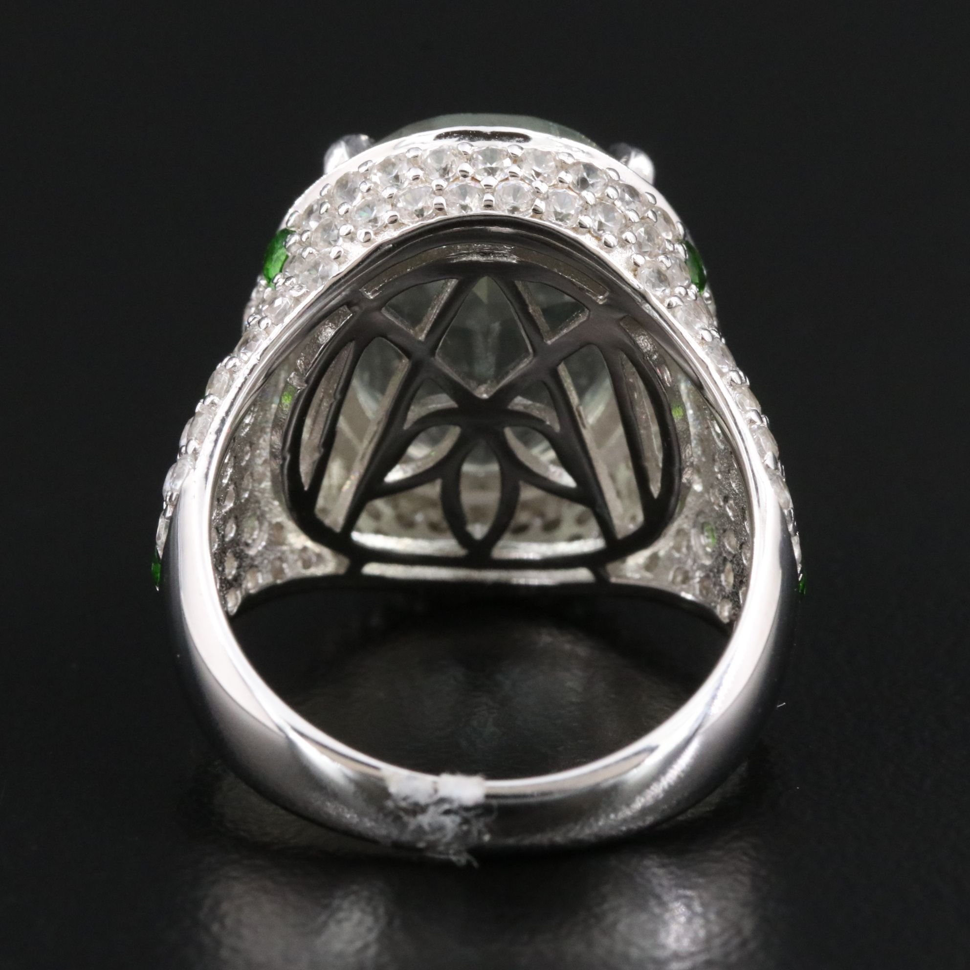 Sterling Prasiolite, White Zircon and Diopside Ring