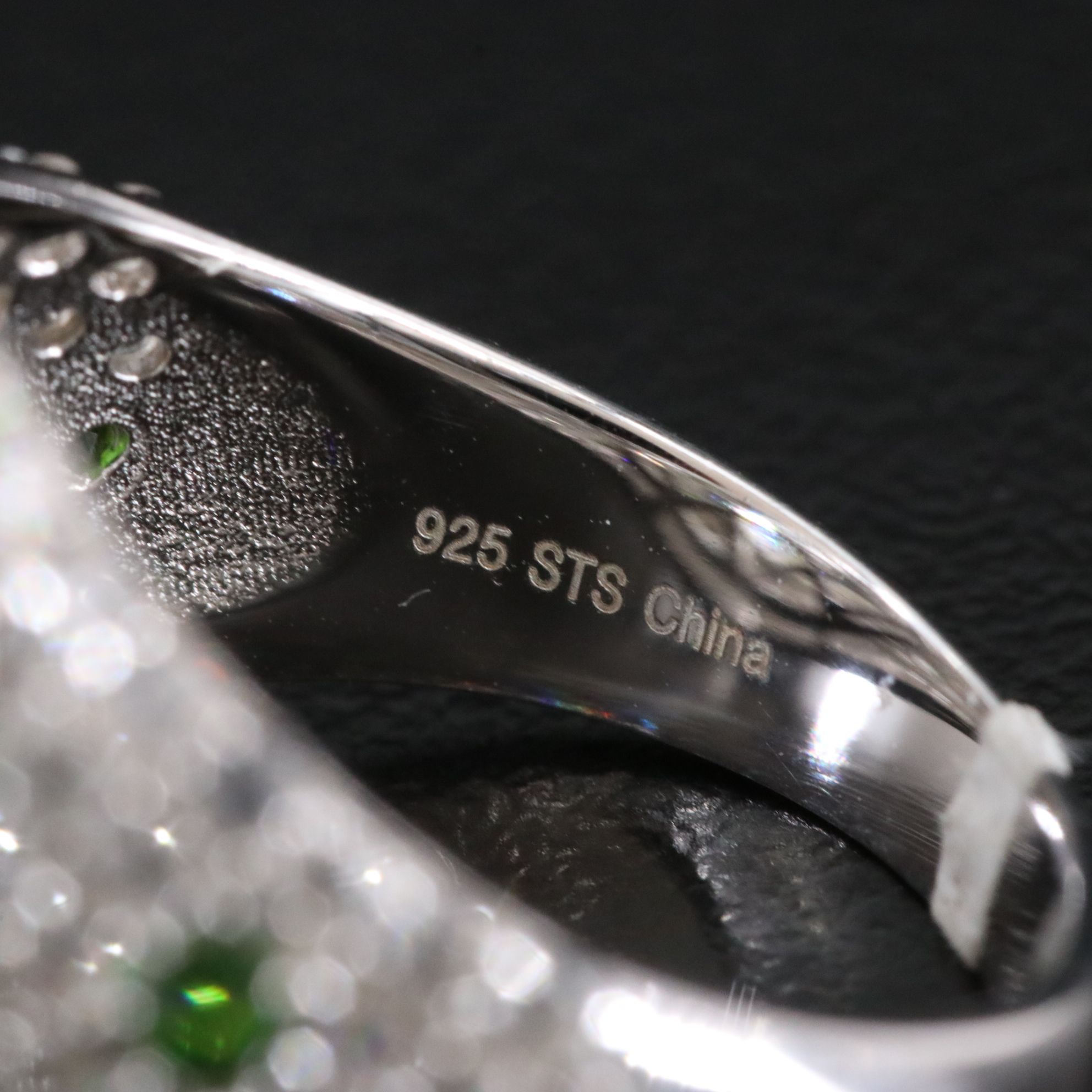 Sterling Prasiolite, White Zircon and Diopside Ring