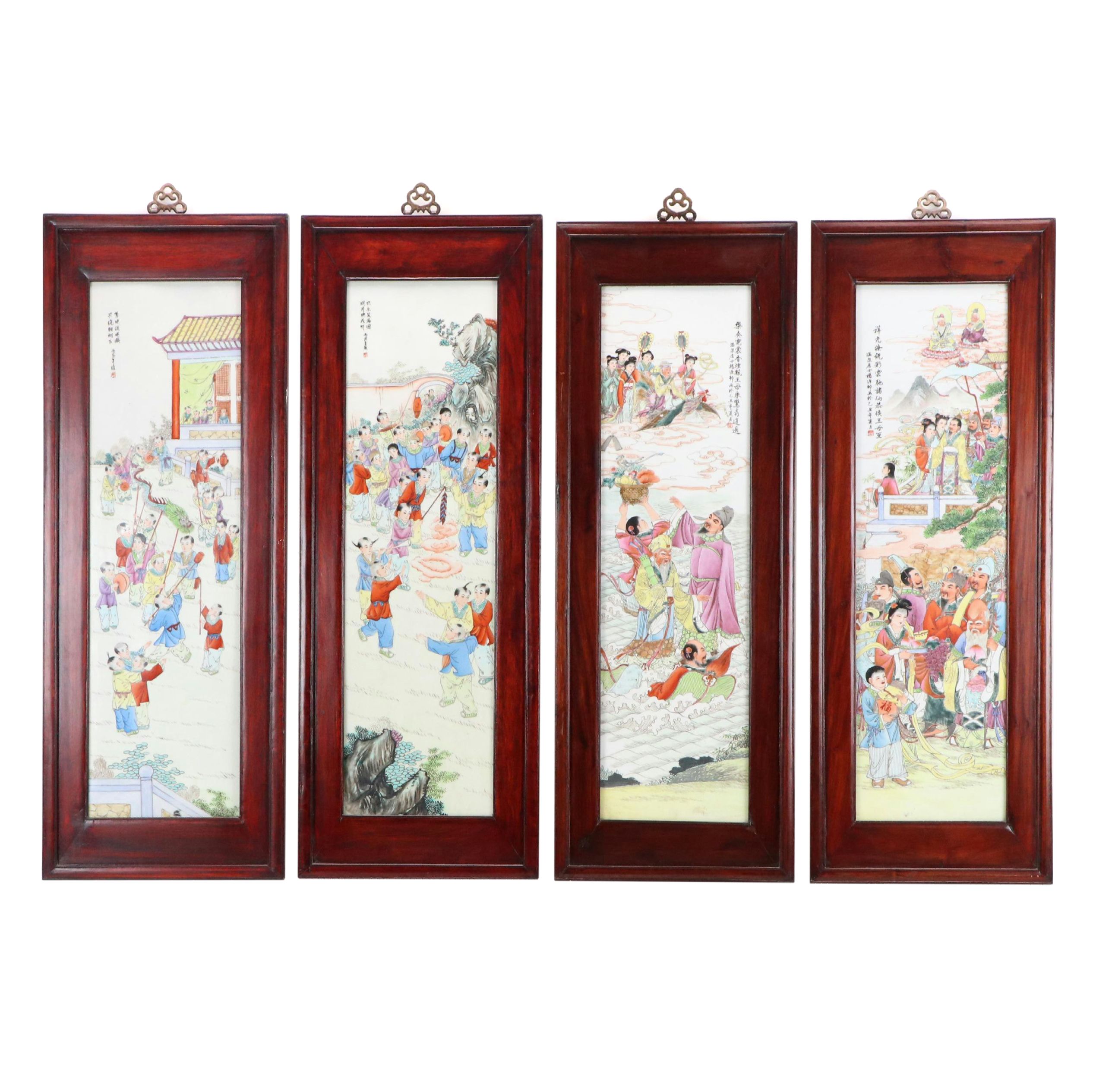 Chinese School Hand-Painted Porcelain Panels with Figural Mythological Scenes