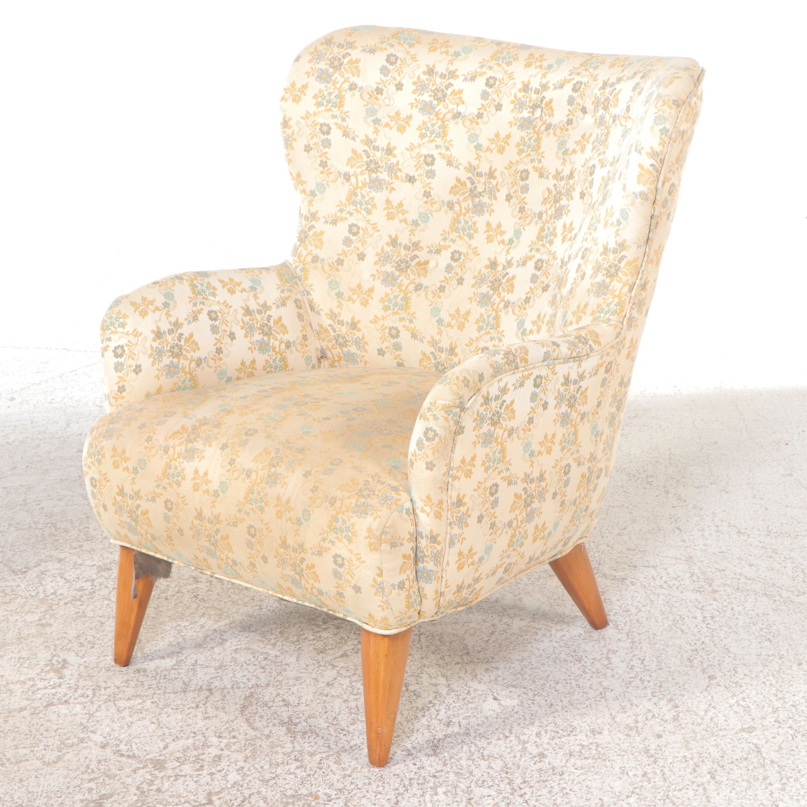 Heywood-Wakefield Mid Century Modern Floral Motif Upholstered Highback Armchairs