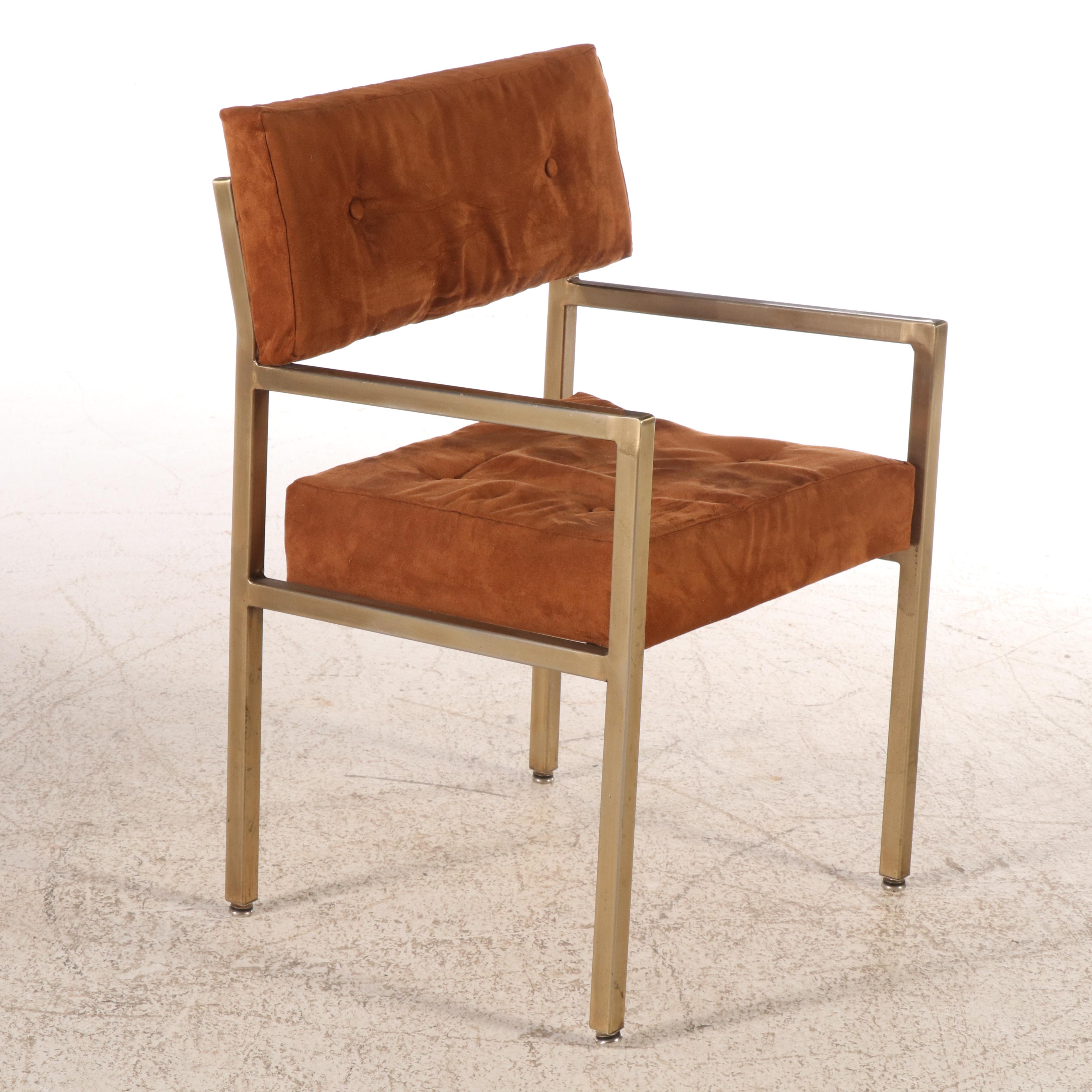 Set of Six Postmodernist Upholstered Brass Tone Dining Chairs, Late 20th Century