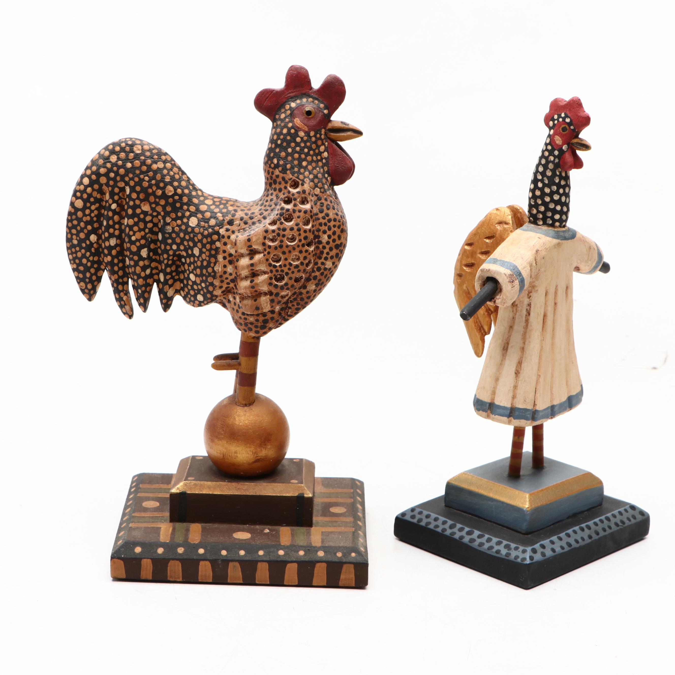 George Voyzey Folk Art Style Carved Wood Chicken Figurines