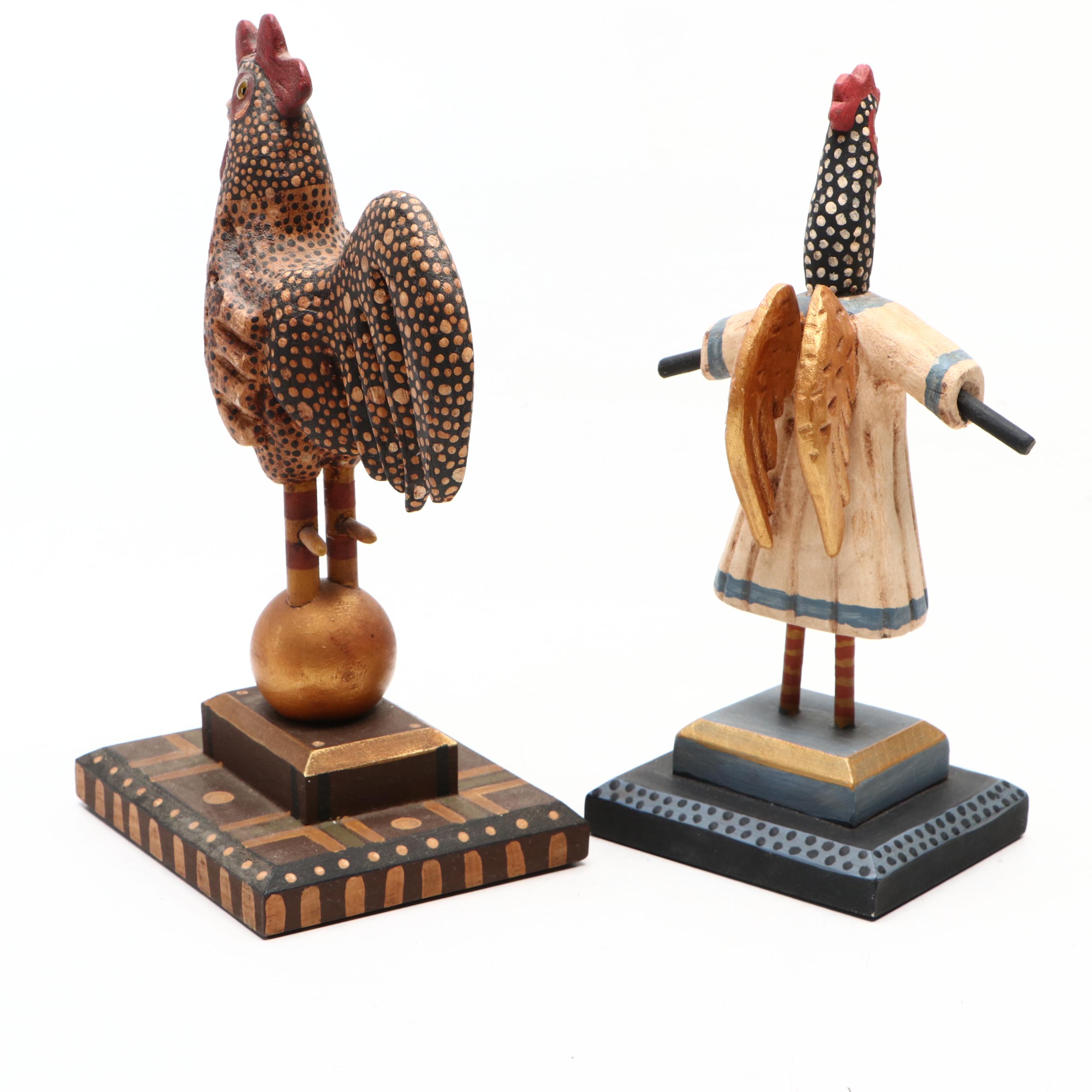 George Voyzey Folk Art Style Carved Wood Chicken Figurines