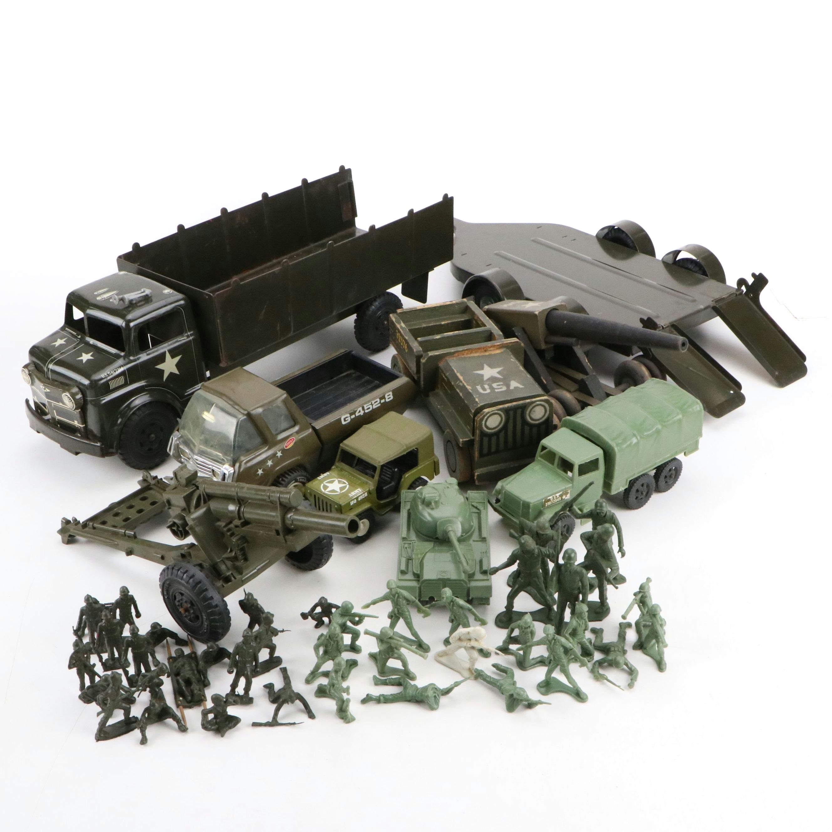 Marx Steel Army Transport Truck with Figurines and Other Toy Military Vehicles