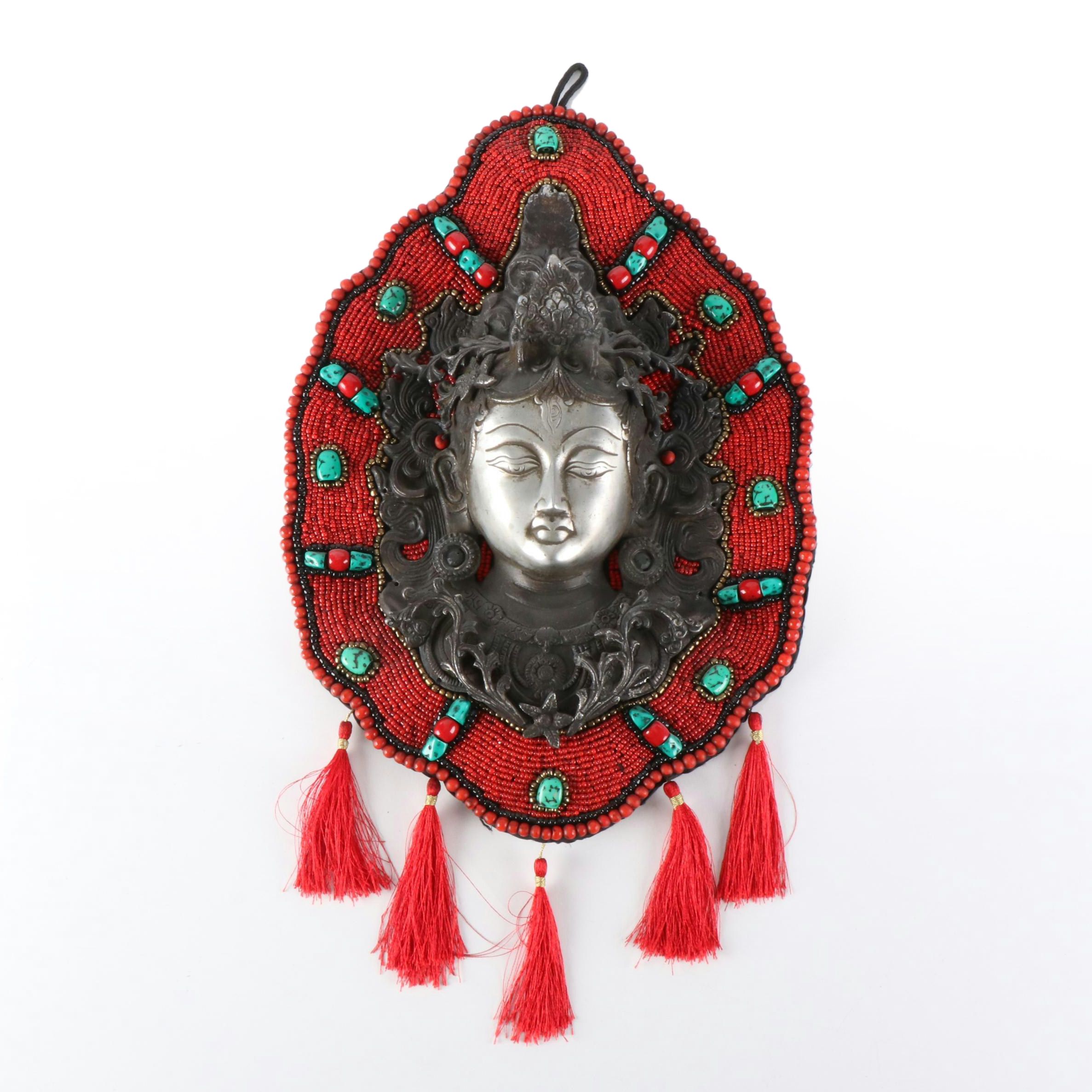 Tibetan Faux Turquoise and Glass Beaded Tara Guanyin Wall Hanging