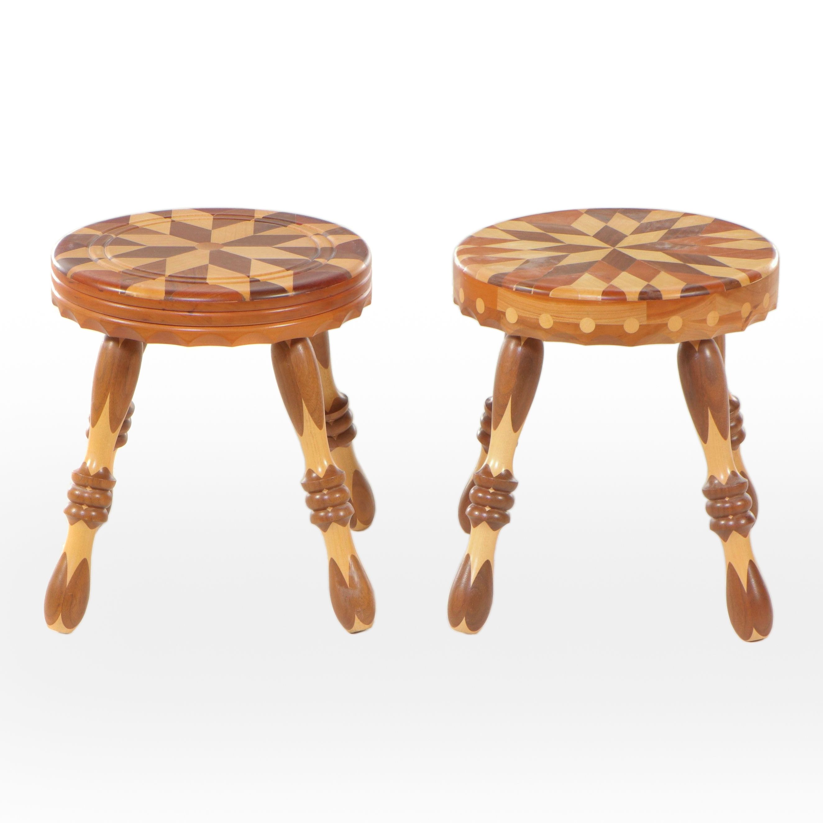 Artist Signed Wooden Marquetry Inlaid Footstool Pair