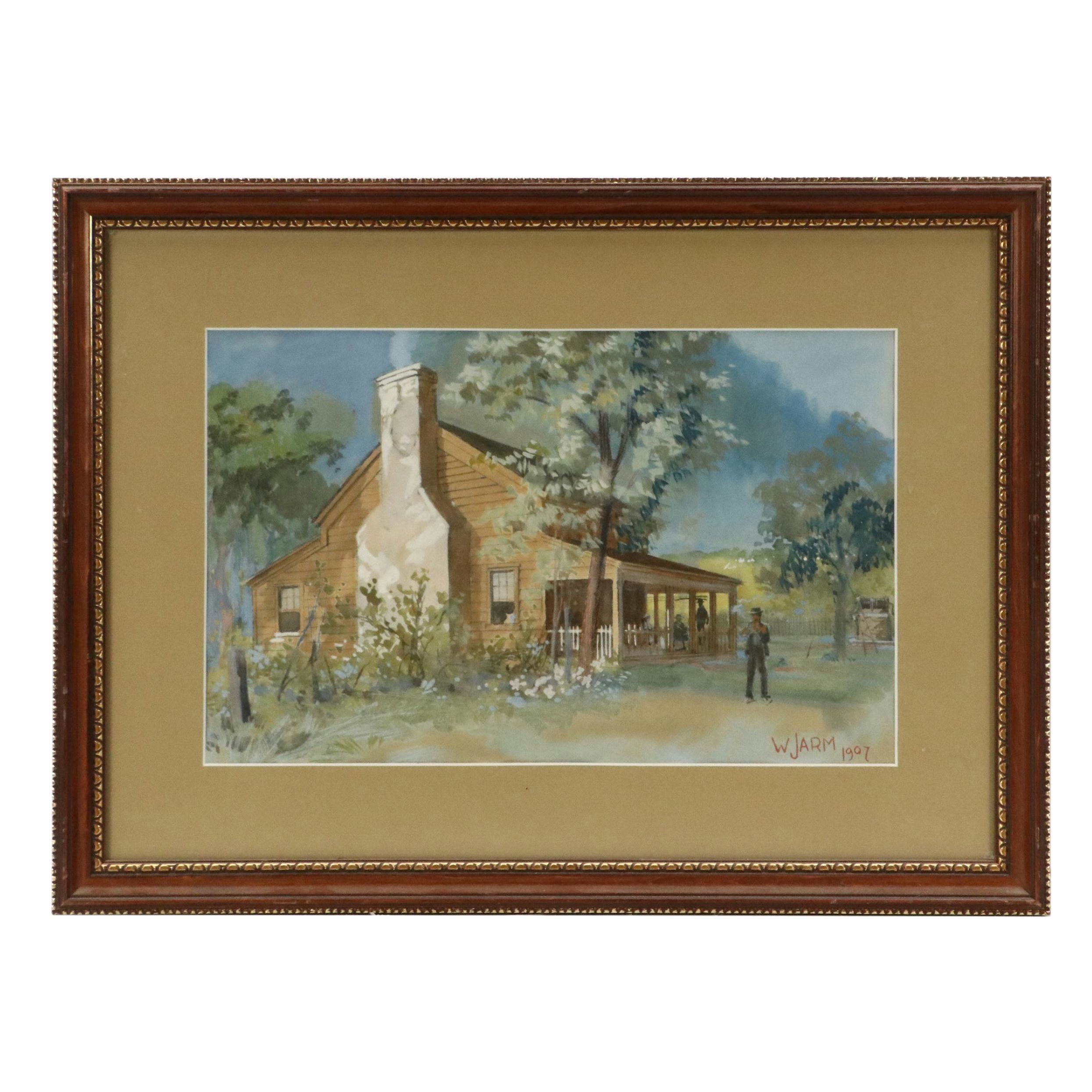 W. Jarm Gouache Painting of Rural Homestead, 1907