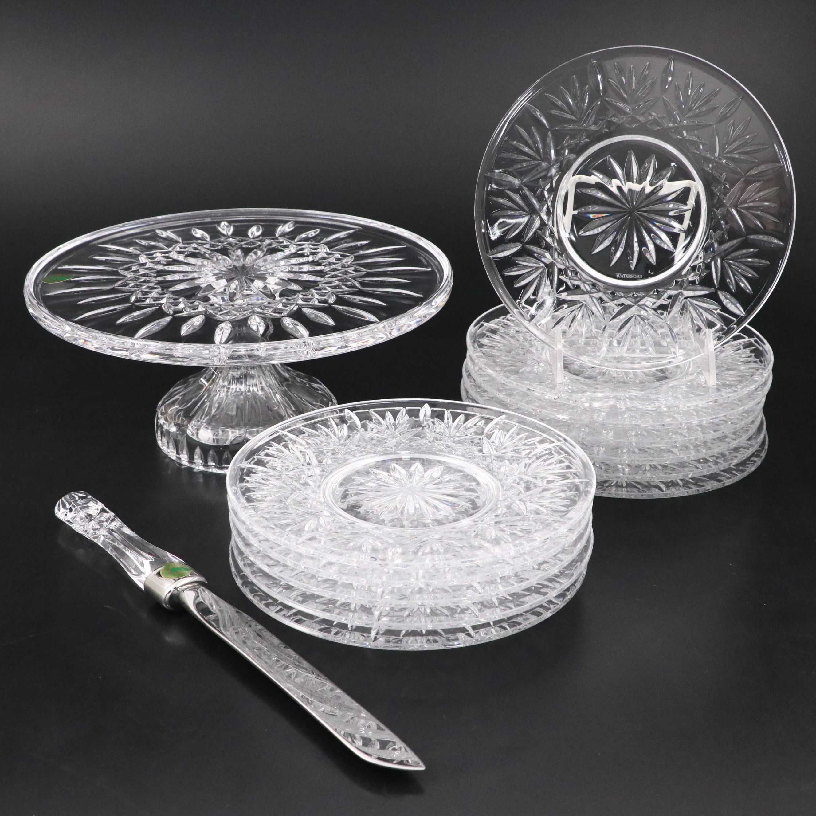 Waterford "Lismore" Crystal Cake Stand, Cake Knife, and Salad Plates