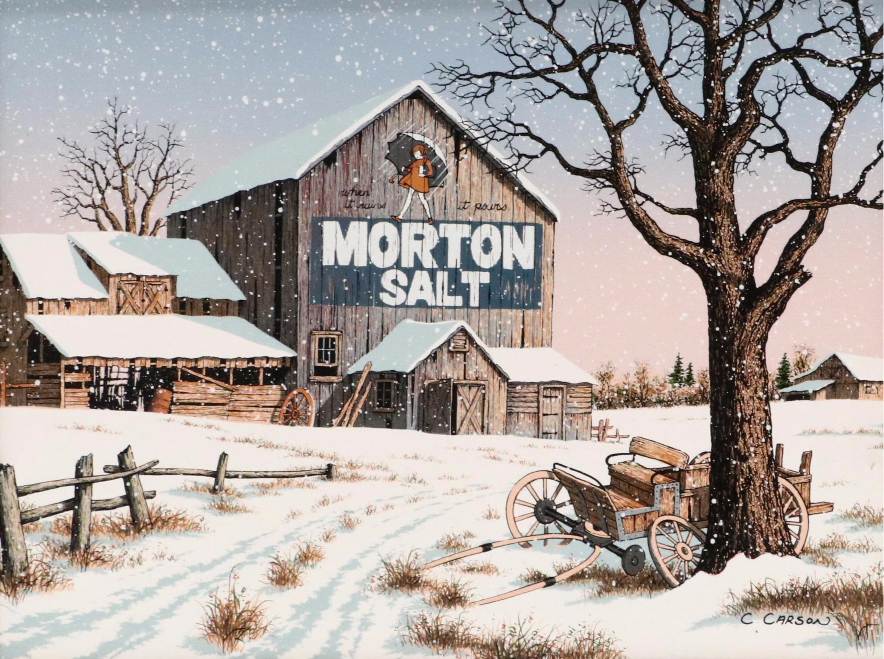 C. Carson Screenprint of Snowy Farm Scene With Morton Salt Barn, Circa 1980