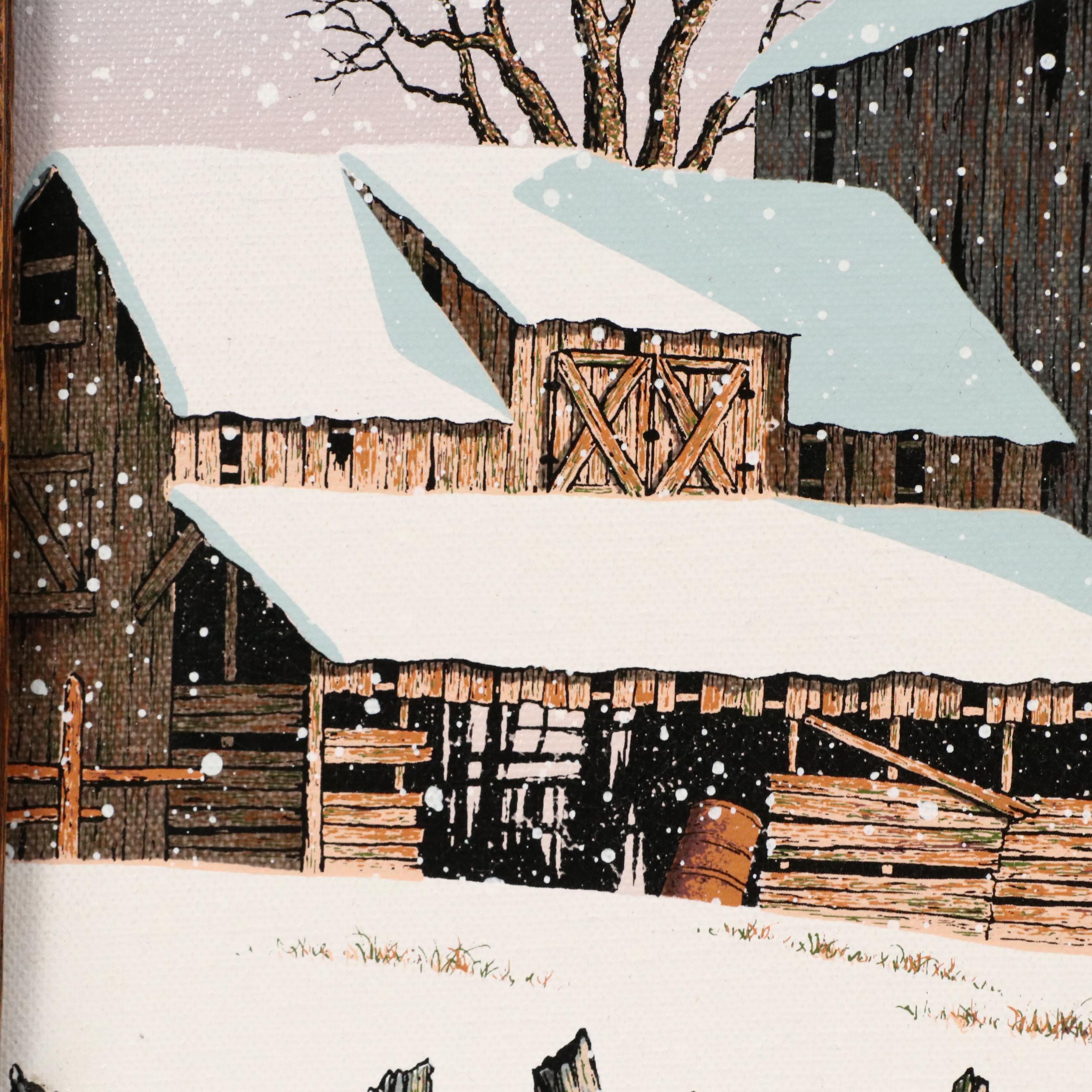 C. Carson Screenprint of Snowy Farm Scene With Morton Salt Barn, Circa 1980
