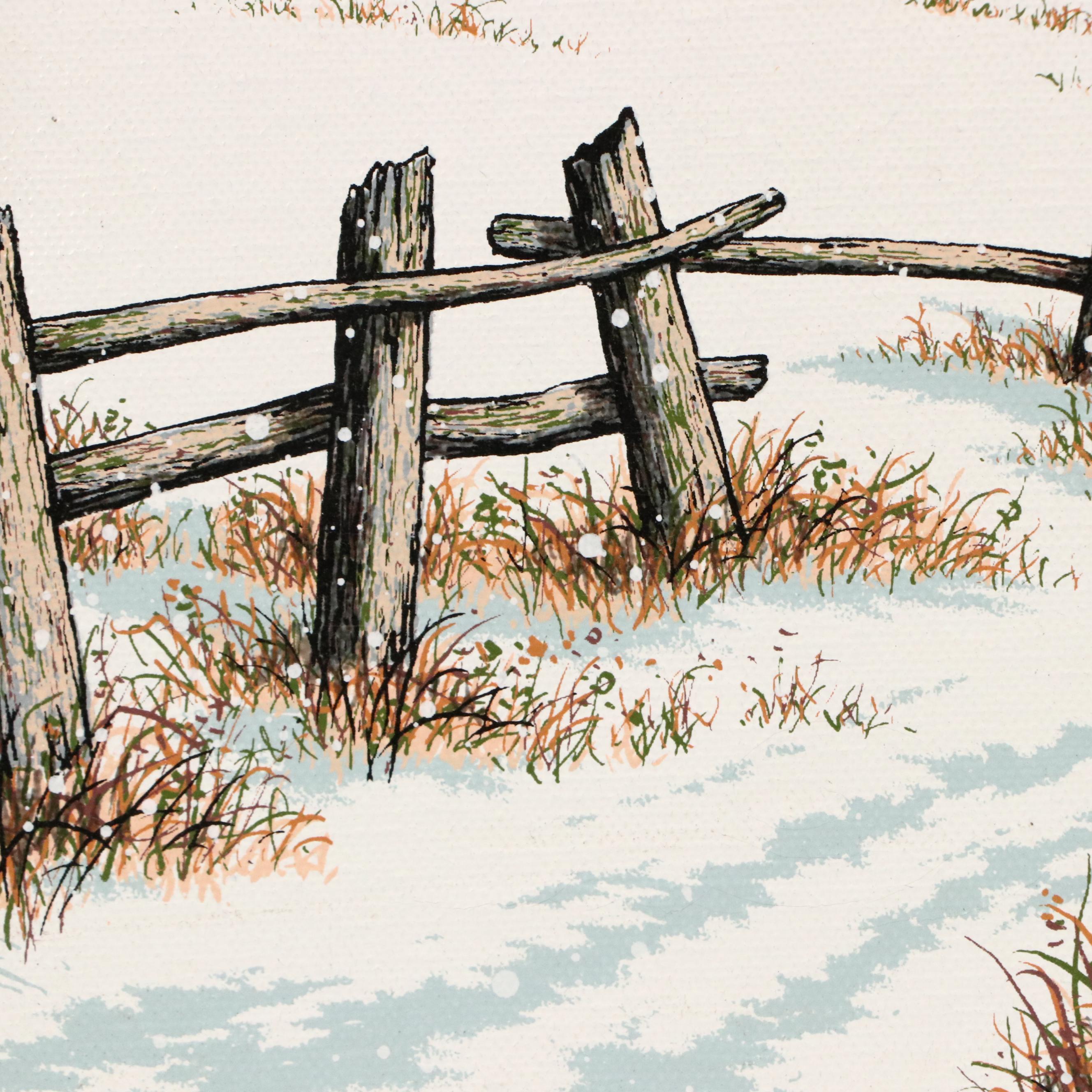 C. Carson Screenprint of Snowy Farm Scene With Morton Salt Barn, Circa 1980