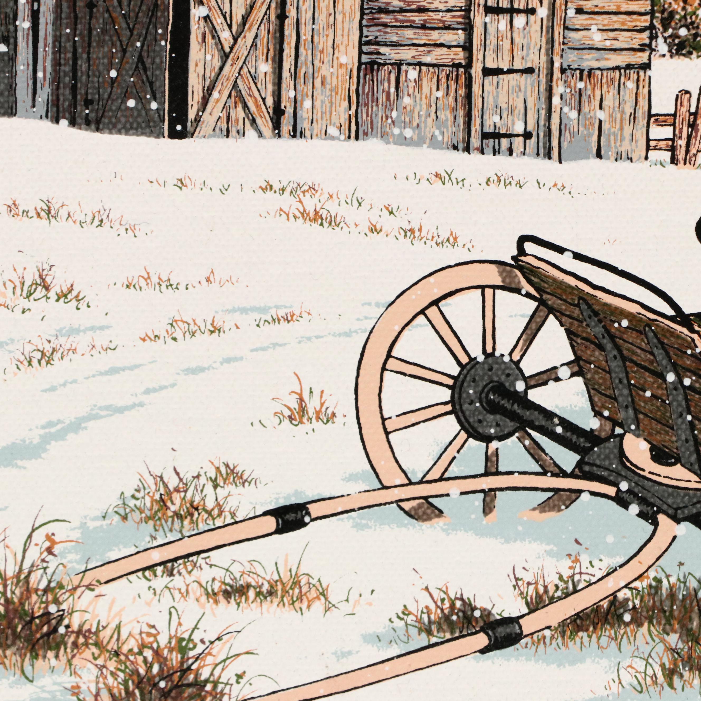 C. Carson Screenprint of Snowy Farm Scene With Morton Salt Barn, Circa 1980