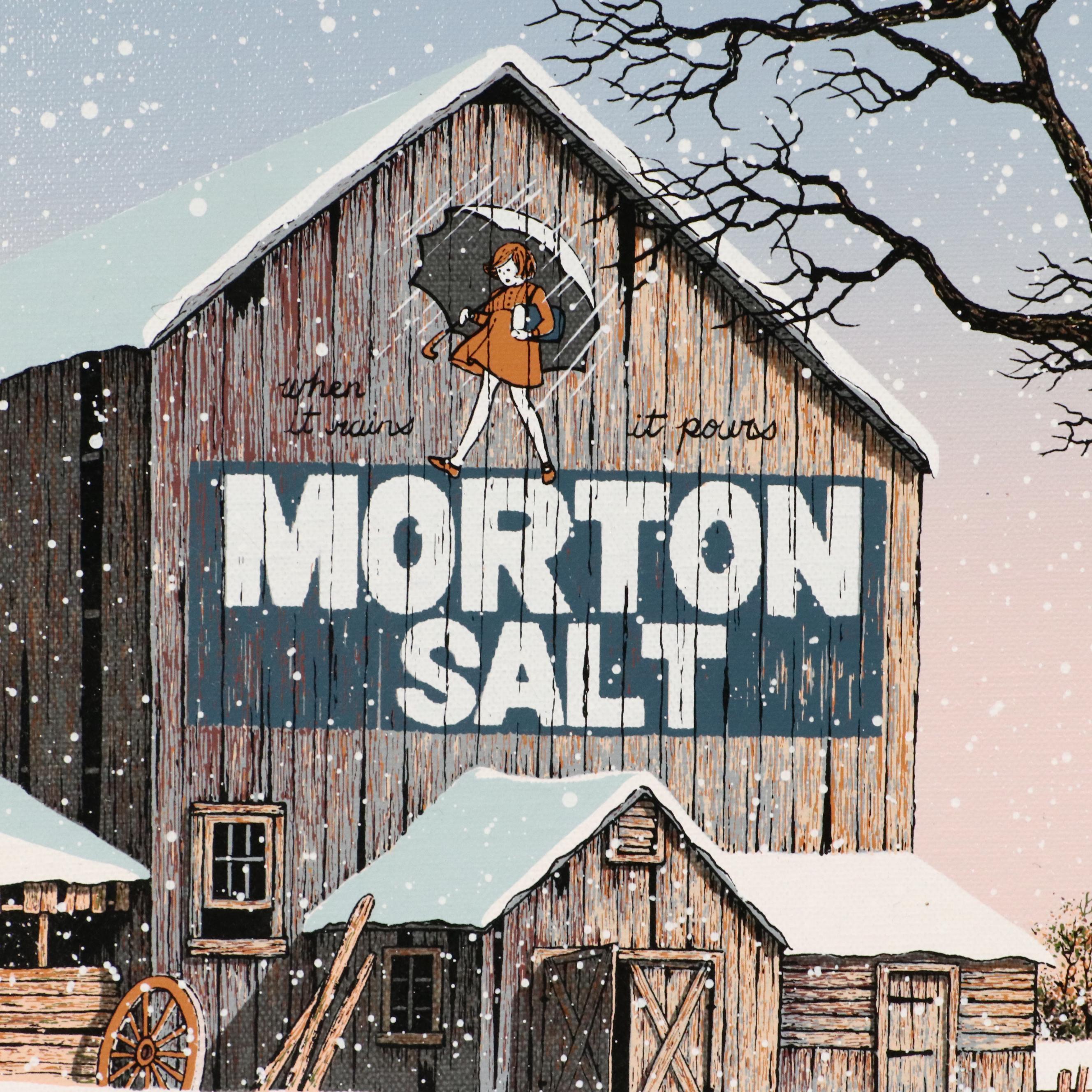 C. Carson Screenprint of Snowy Farm Scene With Morton Salt Barn, Circa 1980