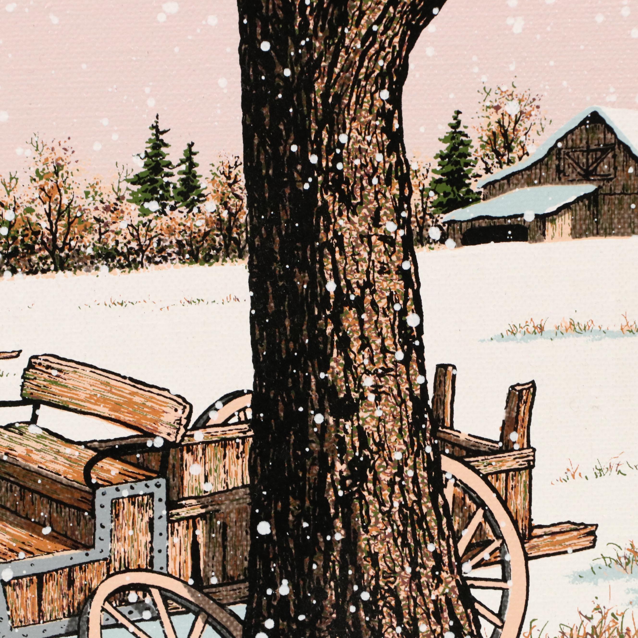 C. Carson Screenprint of Snowy Farm Scene With Morton Salt Barn, Circa 1980