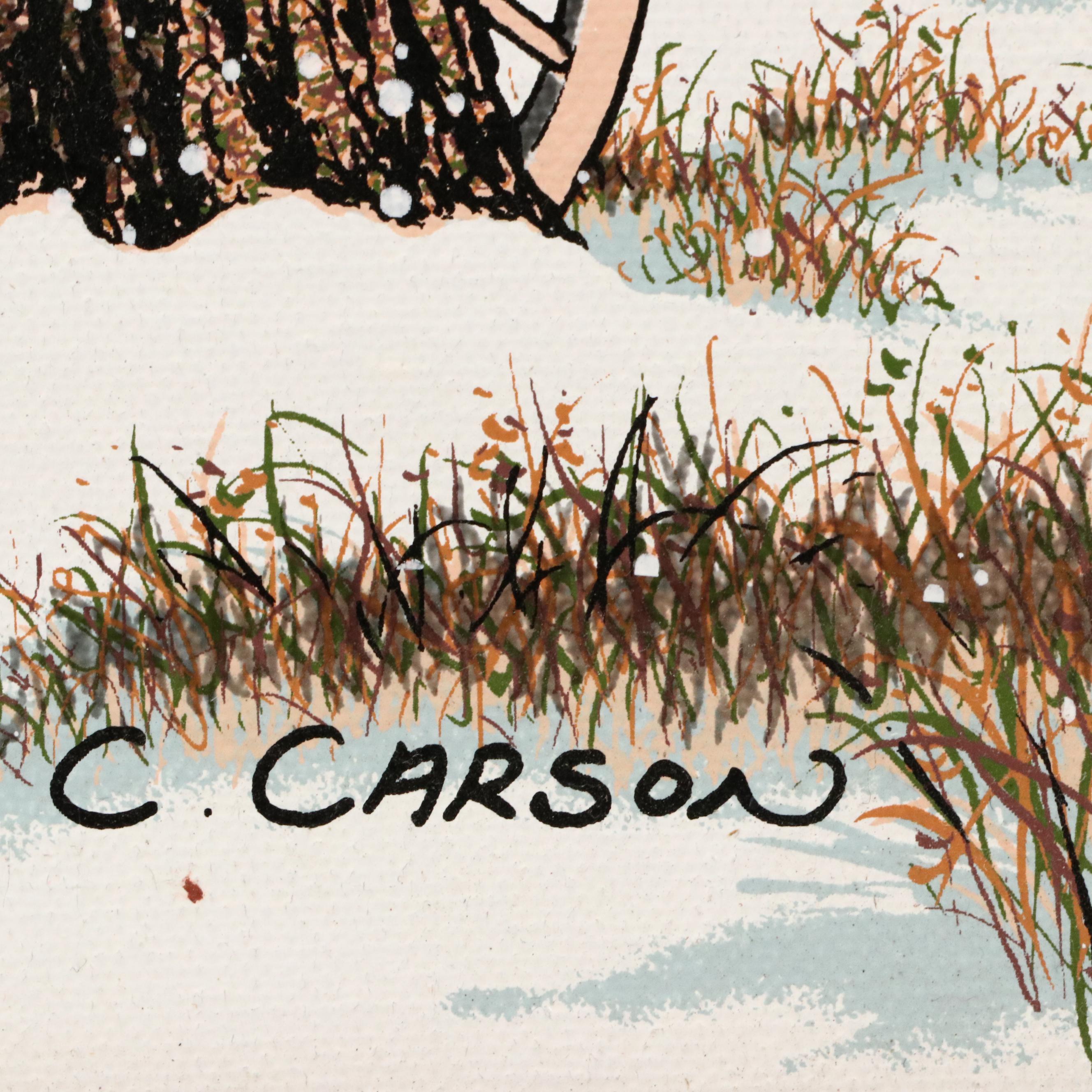 C. Carson Screenprint of Snowy Farm Scene With Morton Salt Barn, Circa 1980