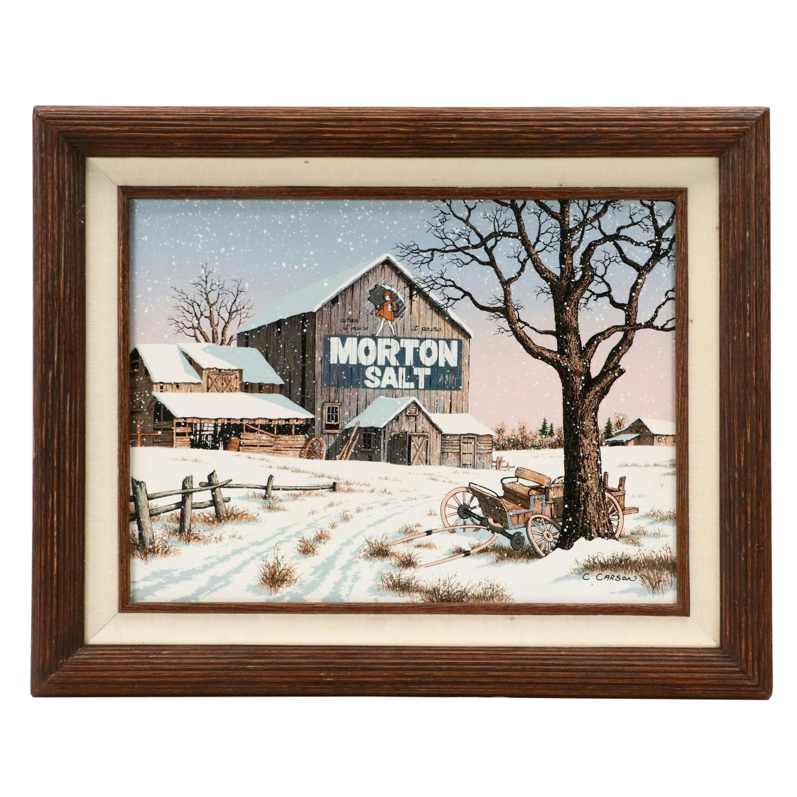 C. Carson Screenprint of Snowy Farm Scene With Morton Salt Barn, Circa 1980