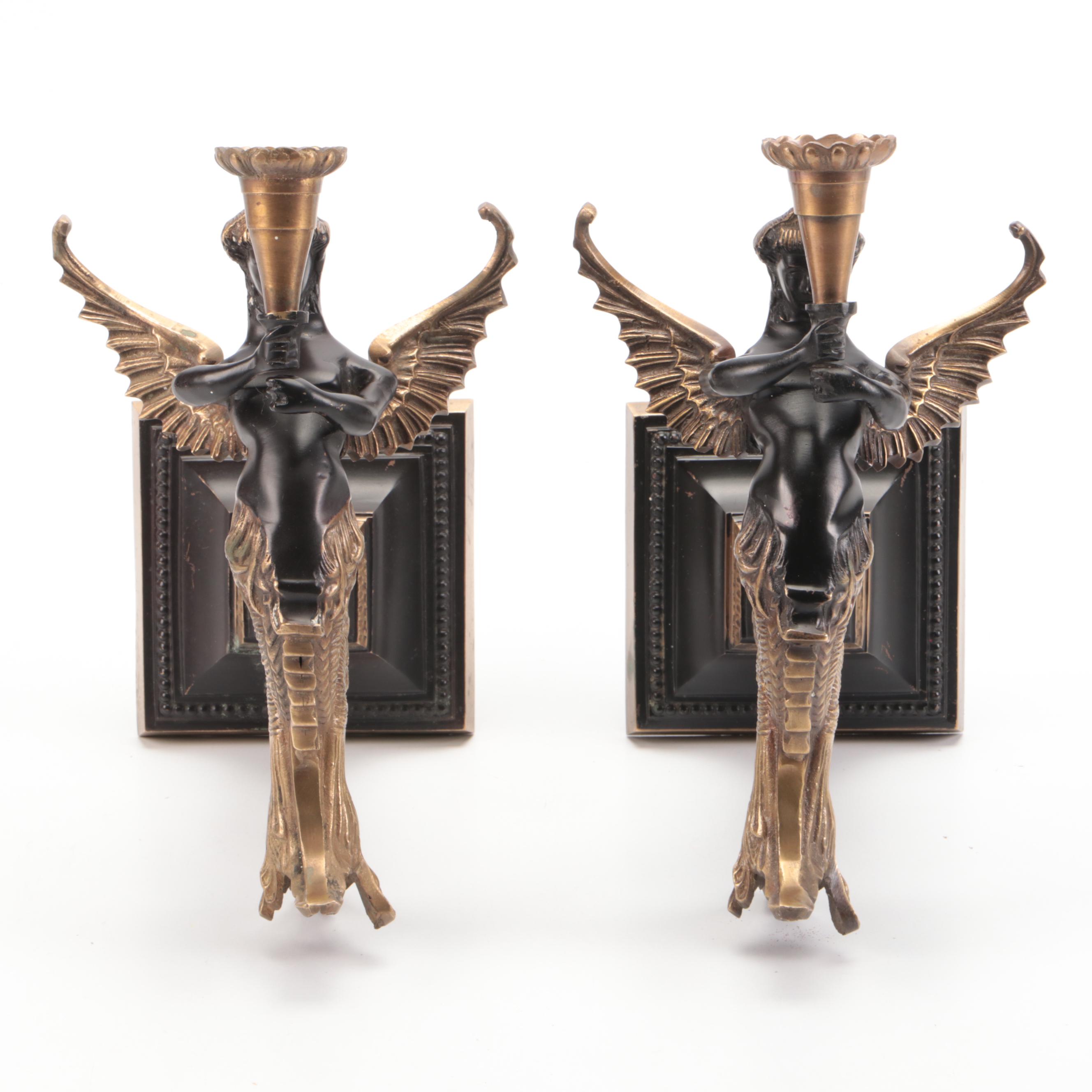 Pair of French Empire Style Bronzed Melusine Candle Wall Sconces