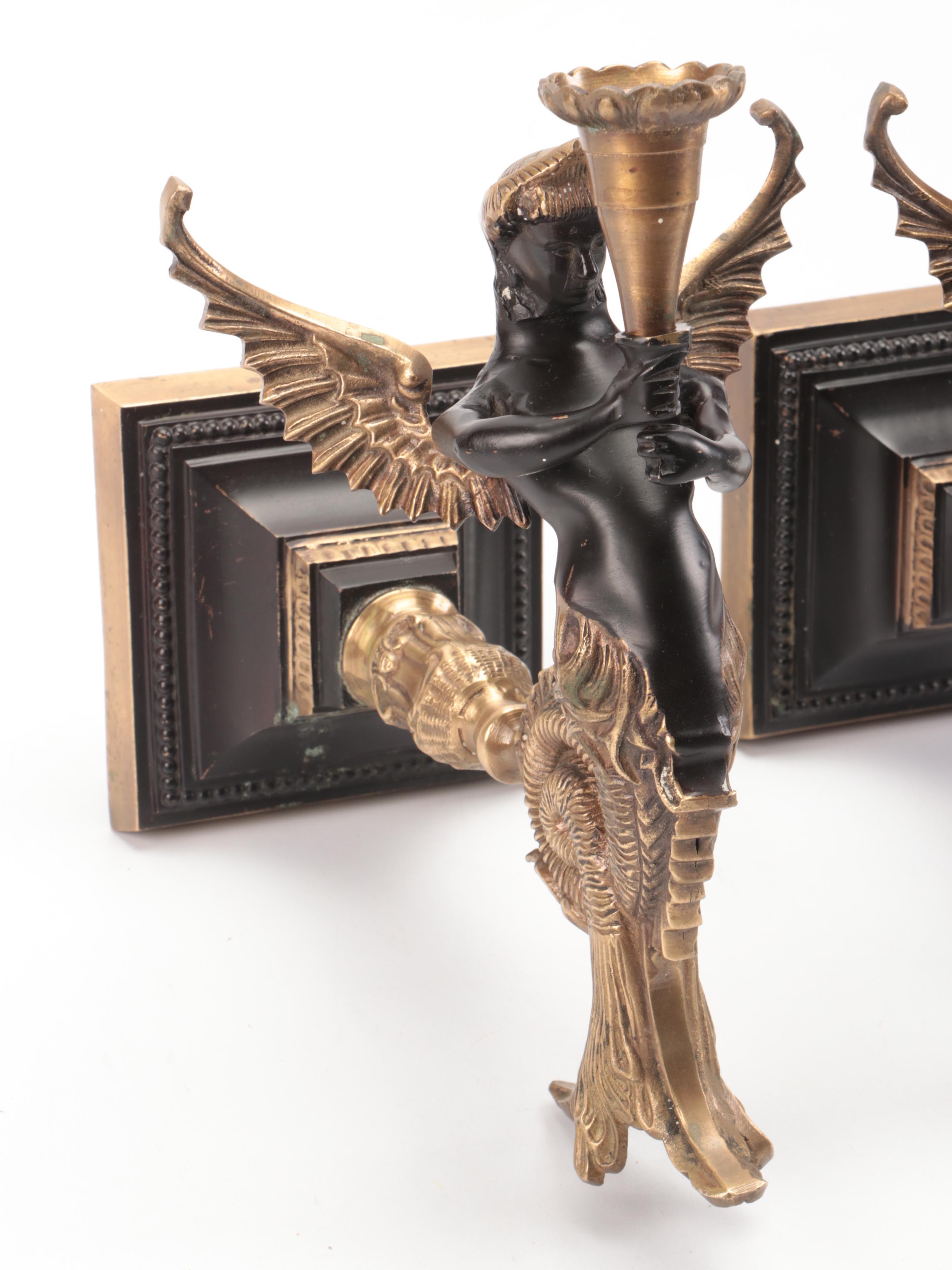 Pair of French Empire Style Bronzed Melusine Candle Wall Sconces