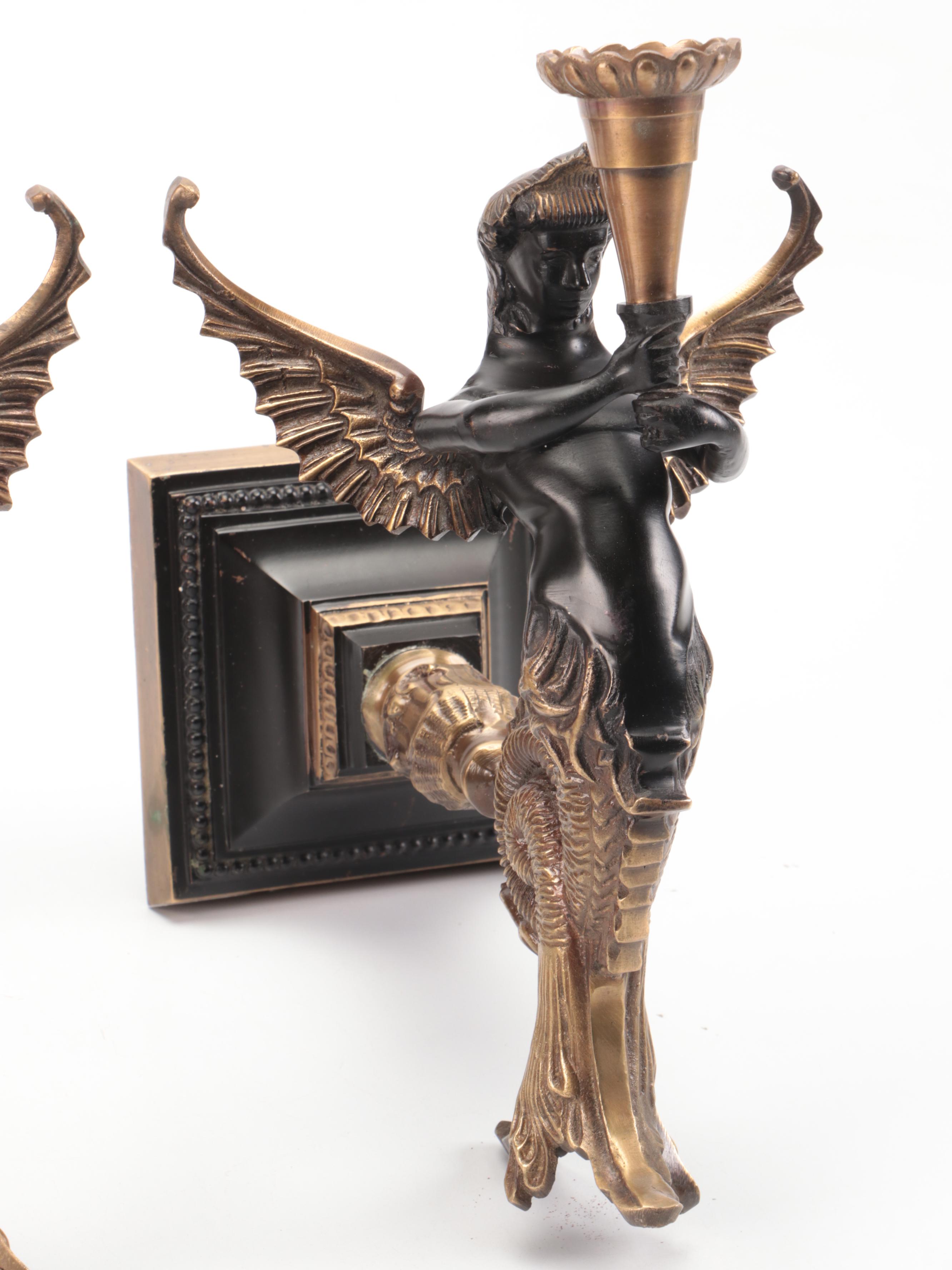 Pair of French Empire Style Bronzed Melusine Candle Wall Sconces