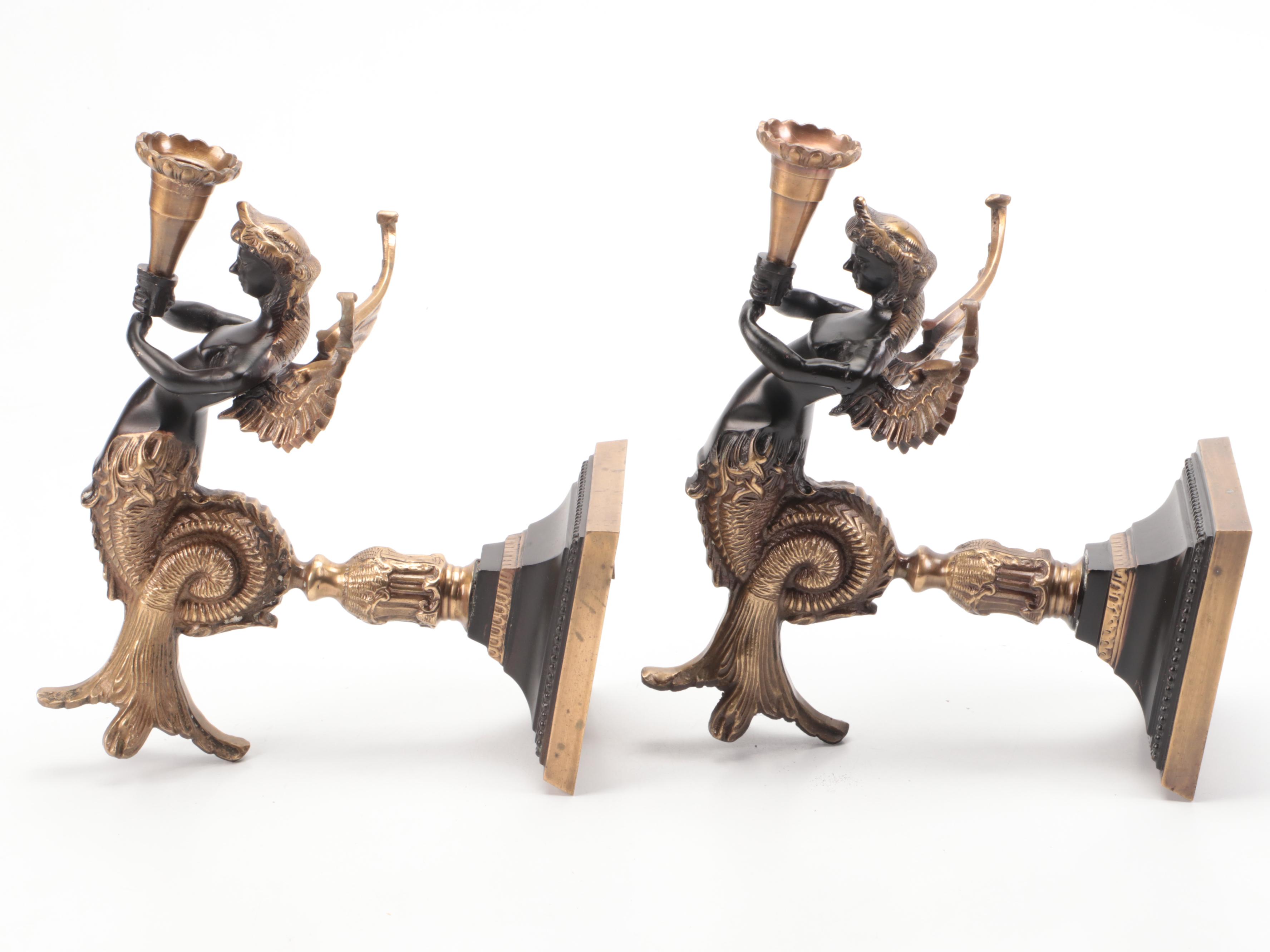 Pair of French Empire Style Bronzed Melusine Candle Wall Sconces