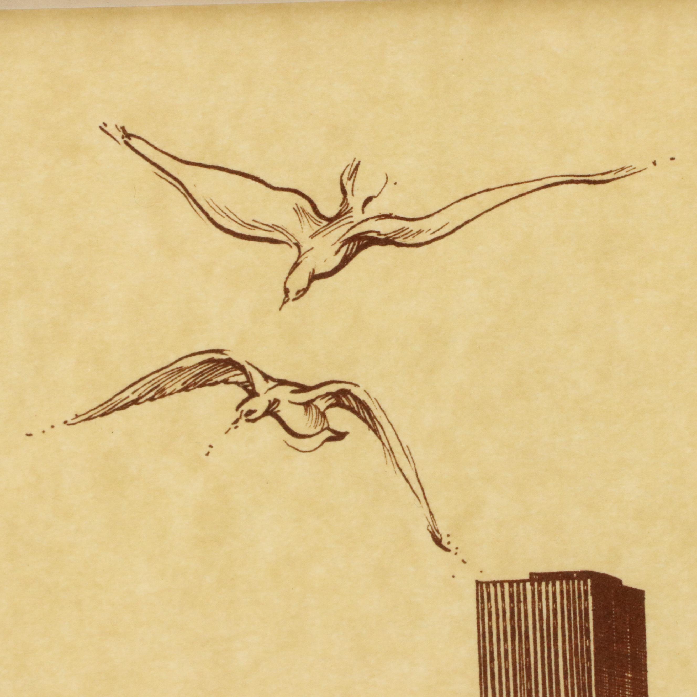 Wayman E. Brown Lithograph of Cincinnati Riverboat Scene With Delta Queen