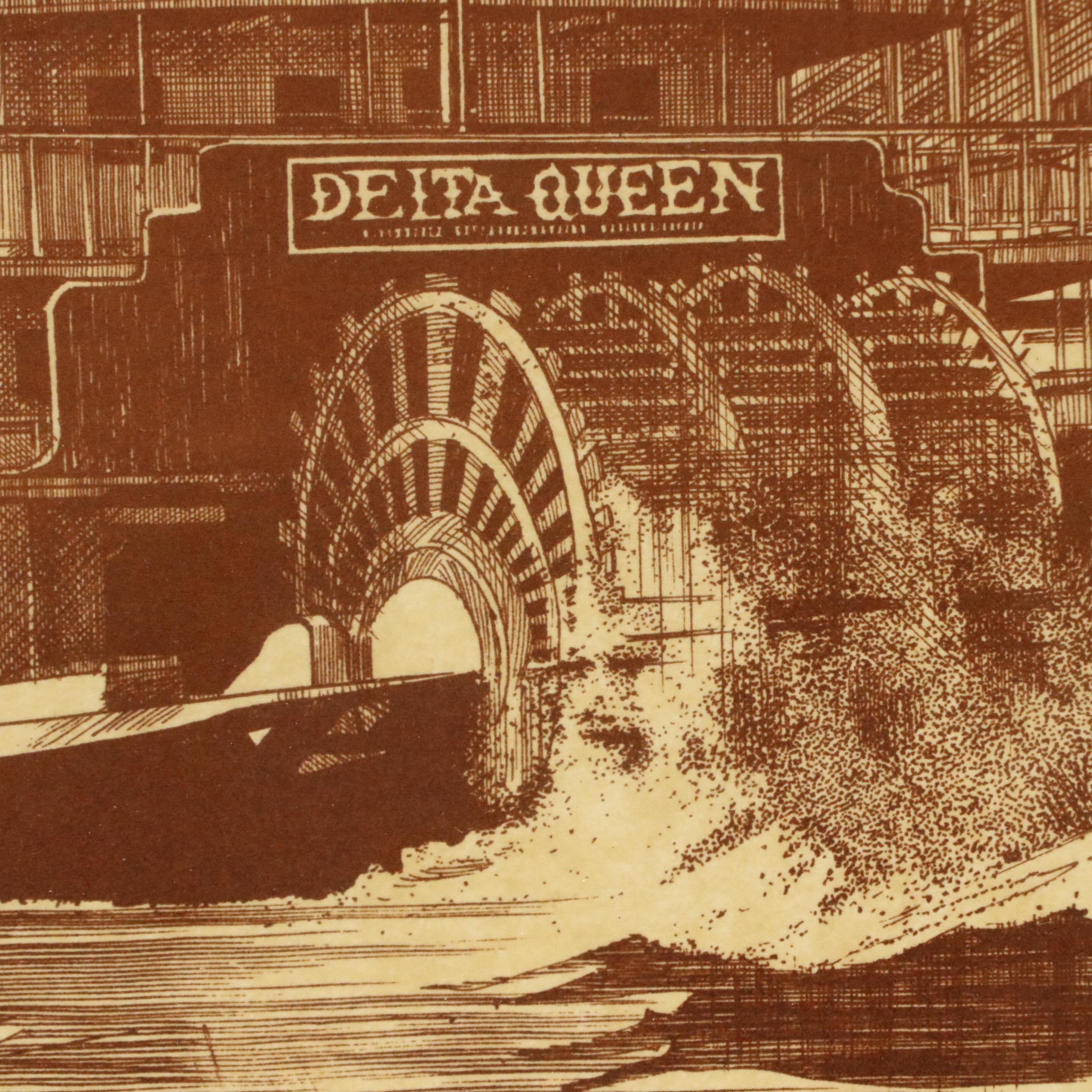 Wayman E. Brown Lithograph of Cincinnati Riverboat Scene With Delta Queen