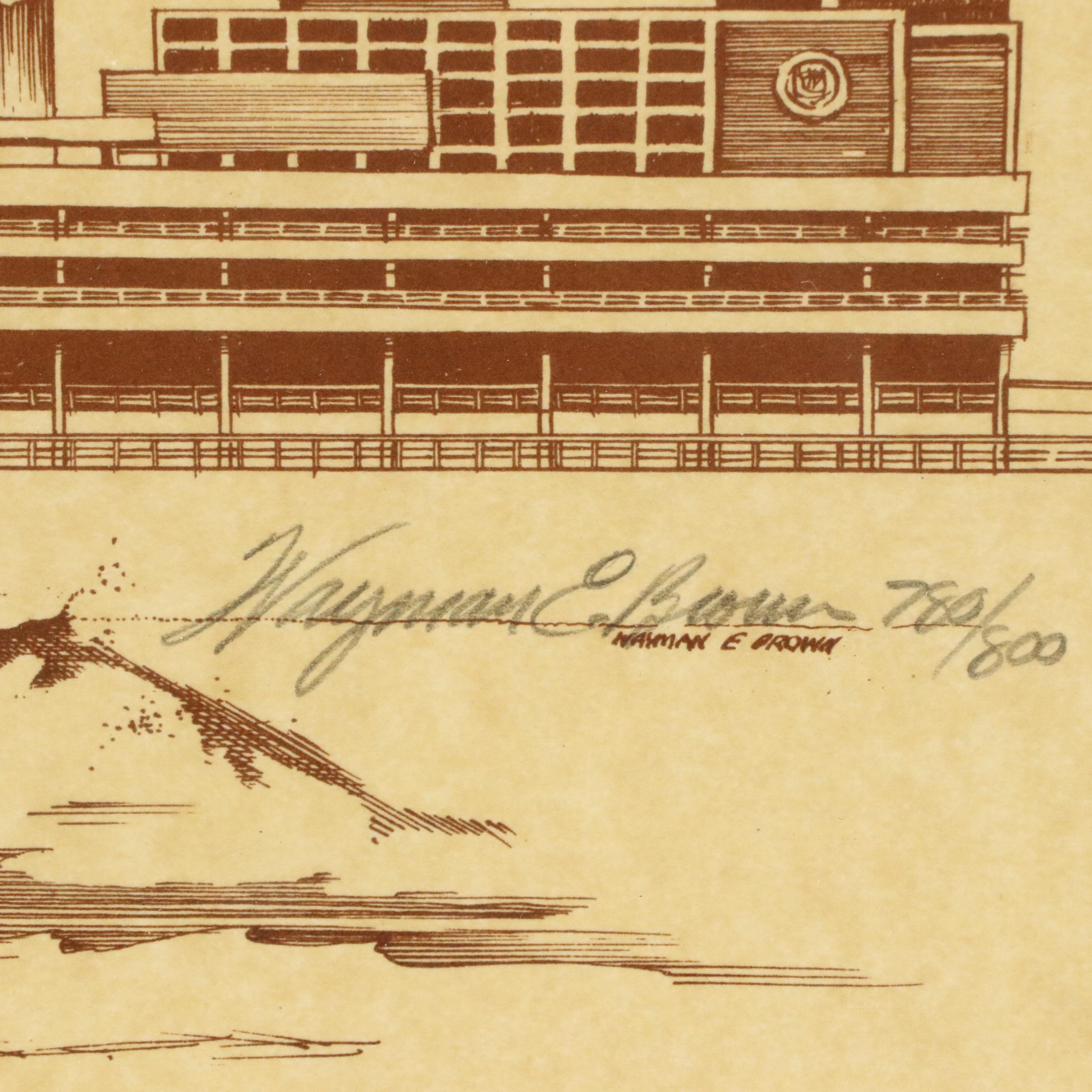 Wayman E. Brown Lithograph of Cincinnati Riverboat Scene With Delta Queen