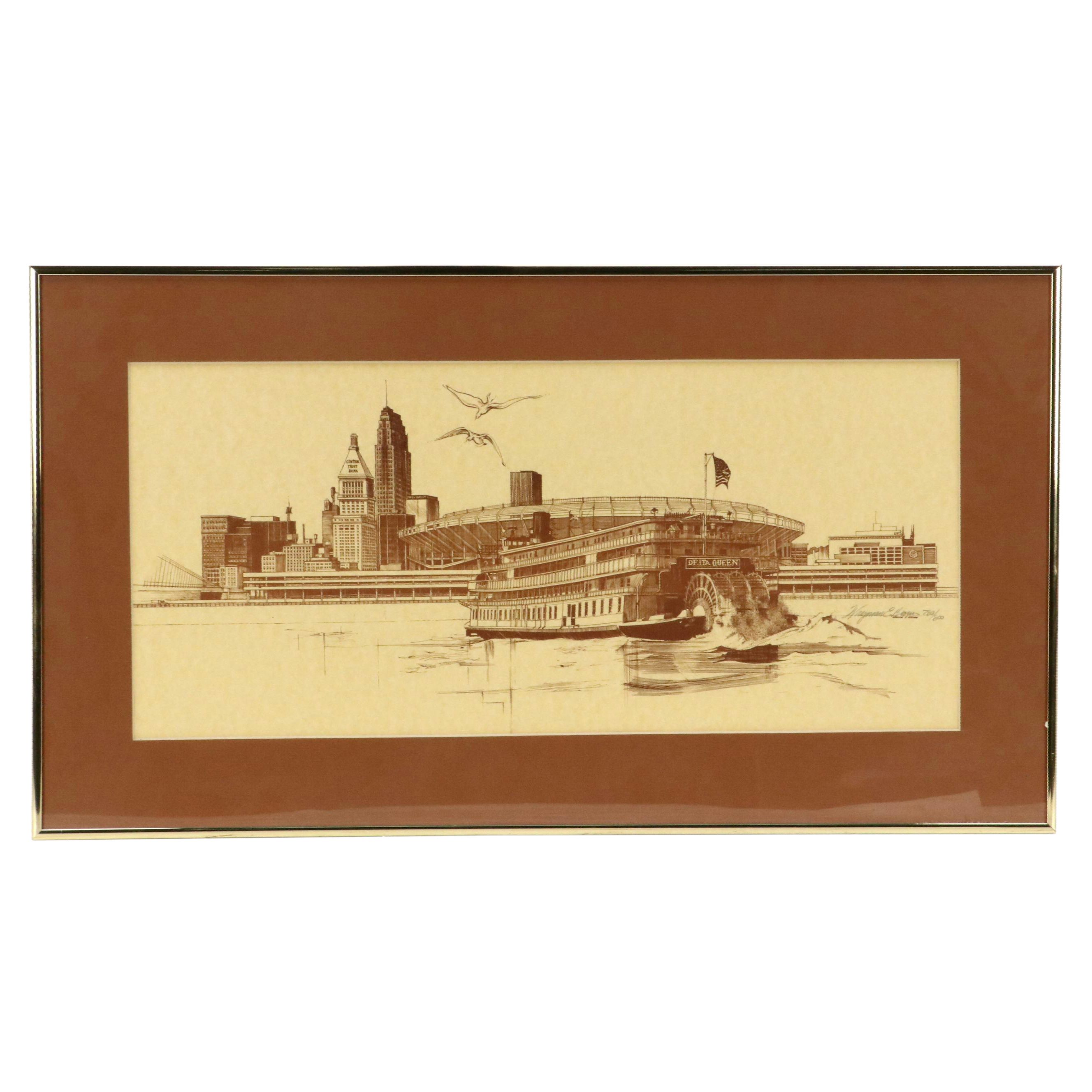 Wayman E. Brown Lithograph of Cincinnati Riverboat Scene With Delta Queen