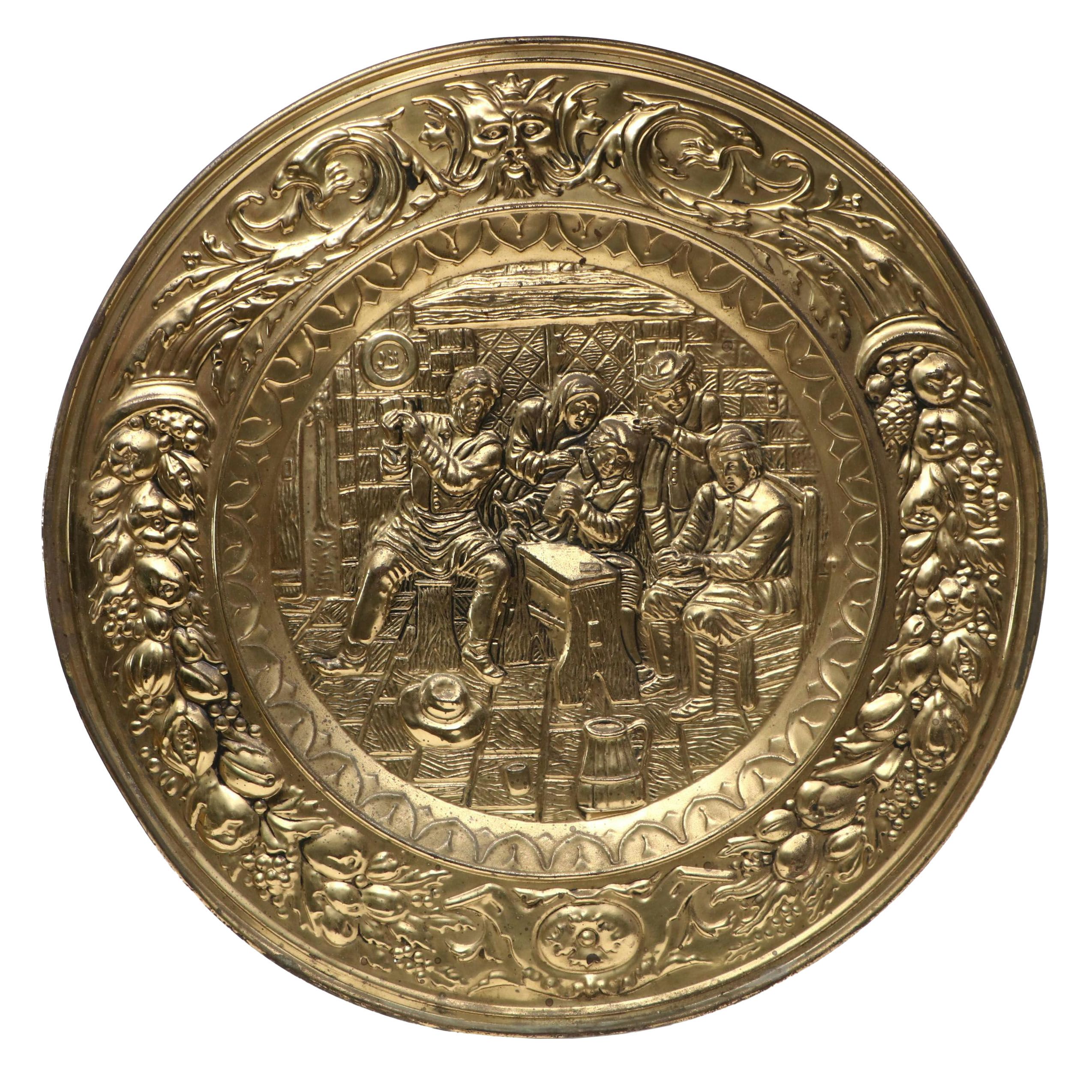 Dutch Baroque Style Hammered Brass Finish Genre Scene Wall Charger