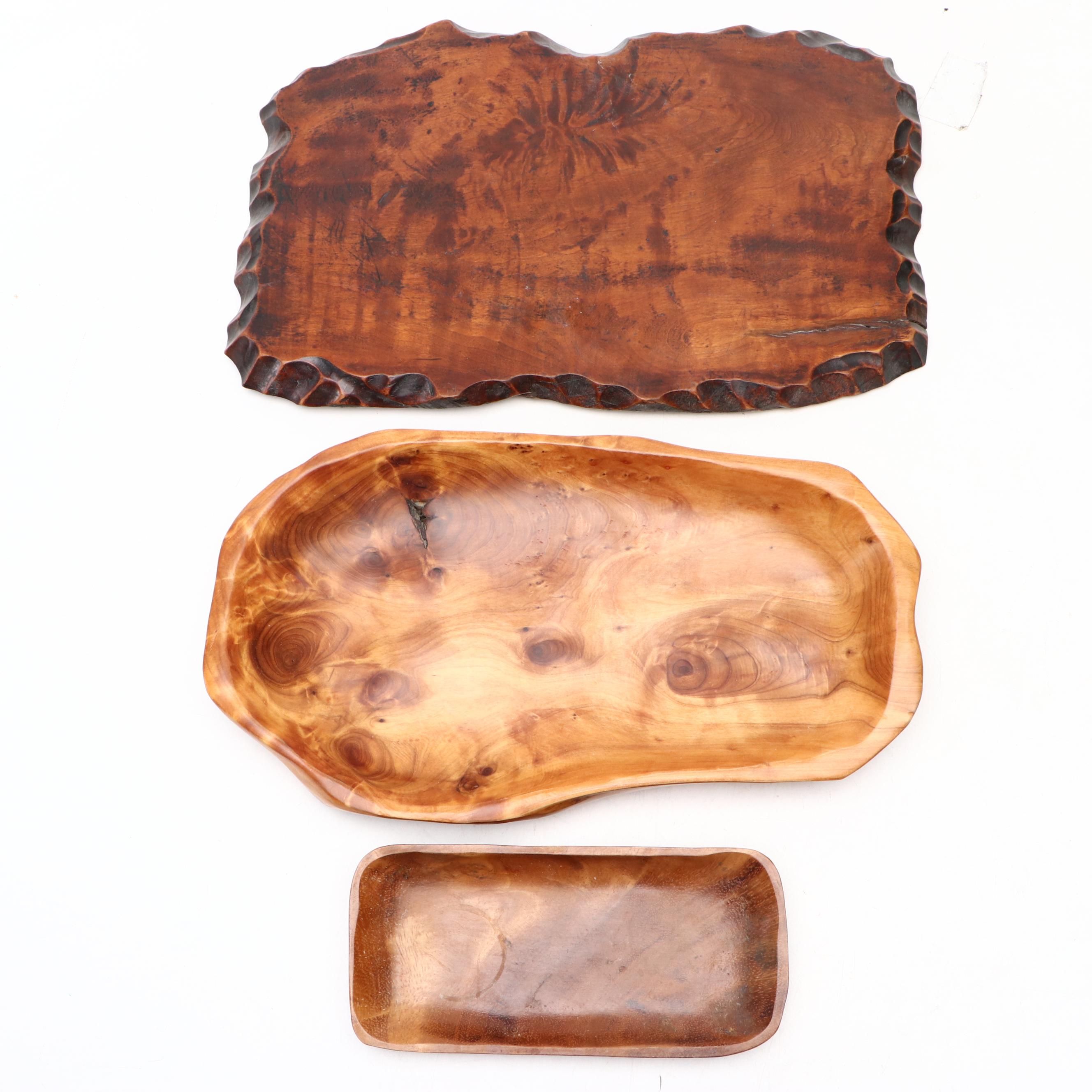 Burl Wood Free-Form Centerpiece Tray with Other Handcrafted Wooden Trays