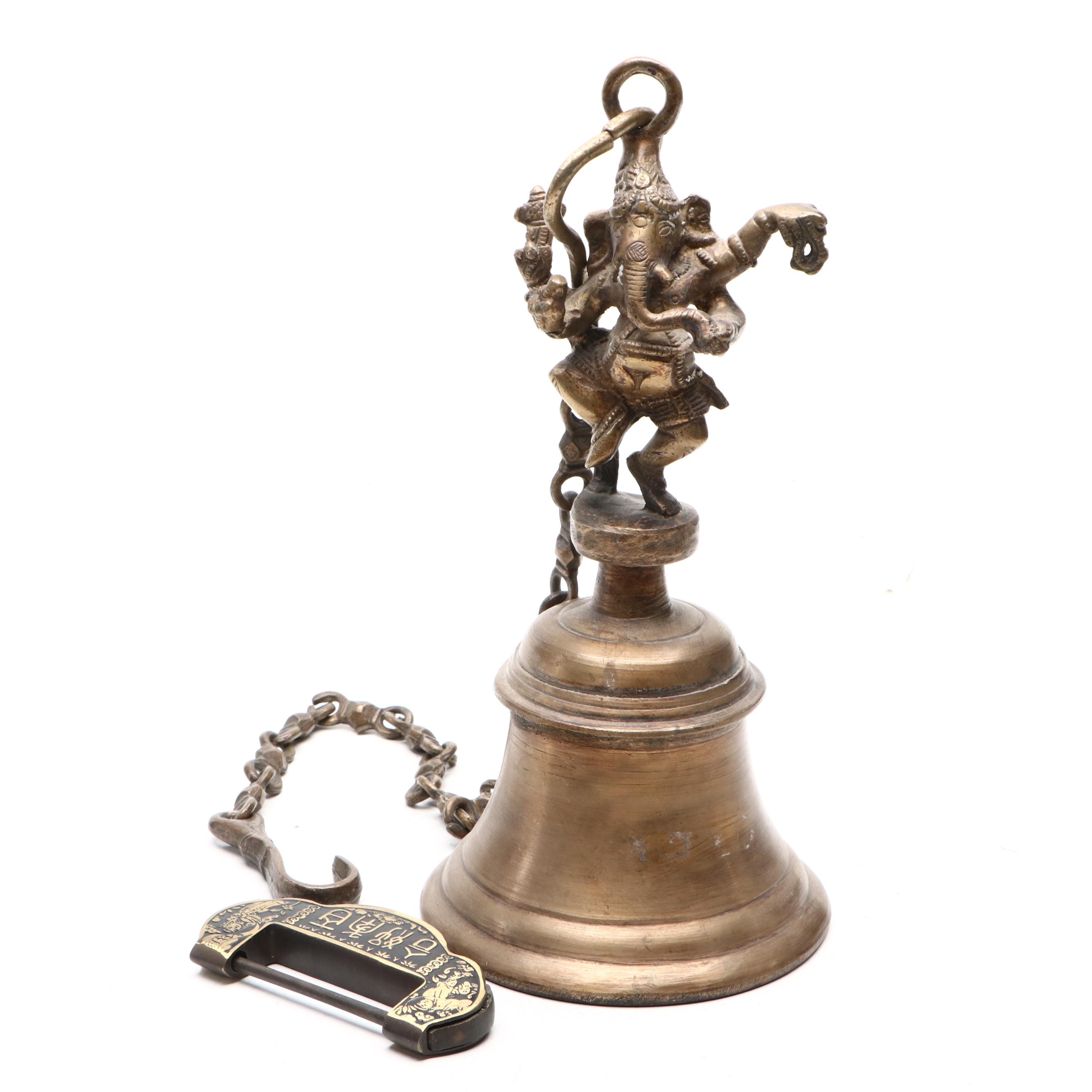 Bronze Ganesha Bell with Chain with Other Chinese Metal Lock, 20th Century