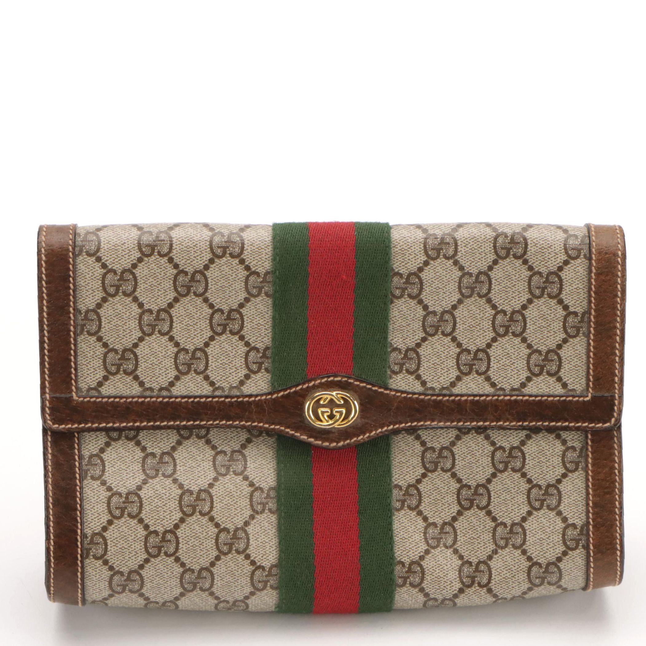 Gucci Parfums GG Supreme, Web Stripe and Leather Clutch/Cosmetic Pouch