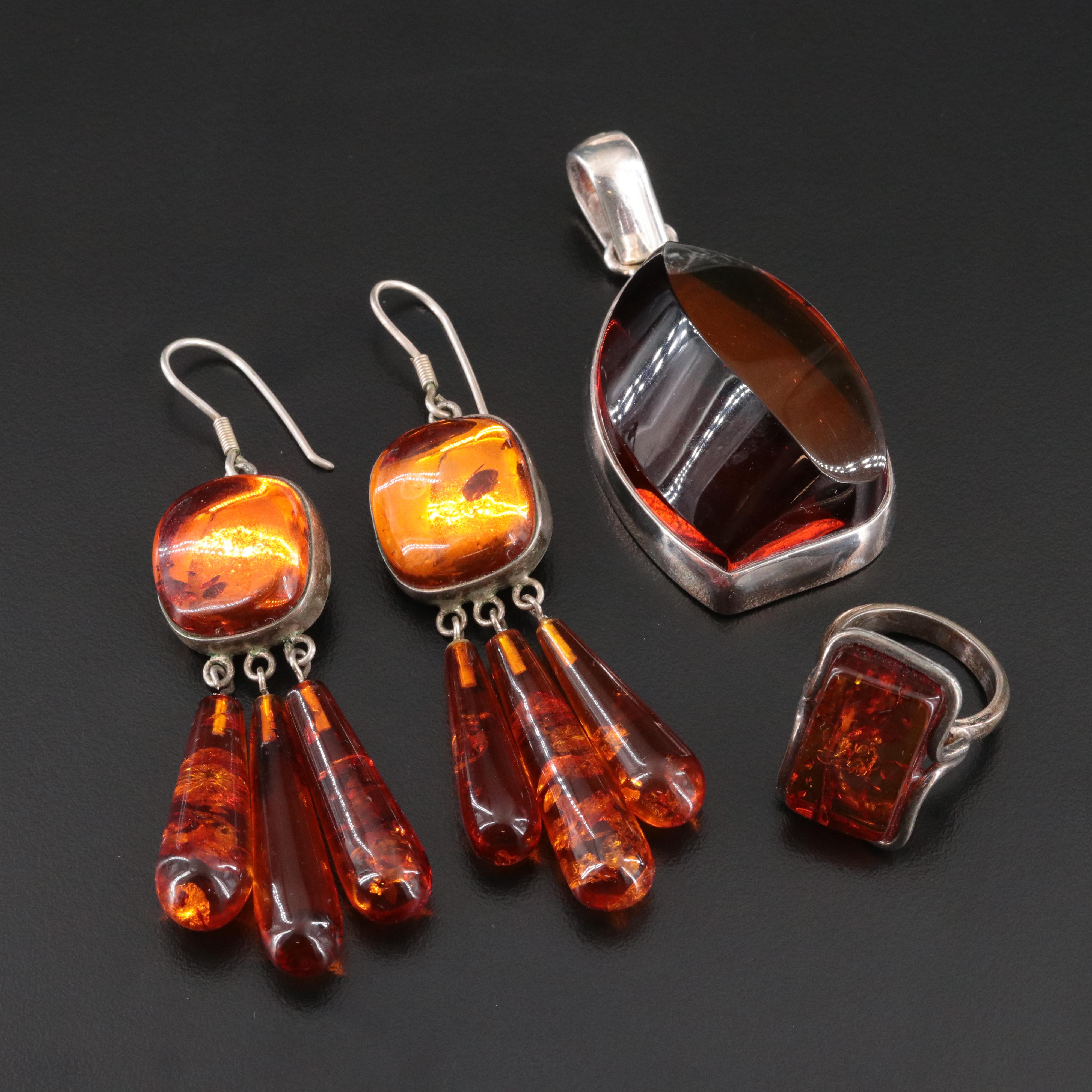 Sterling Amber Earrings, Pendant and Ring