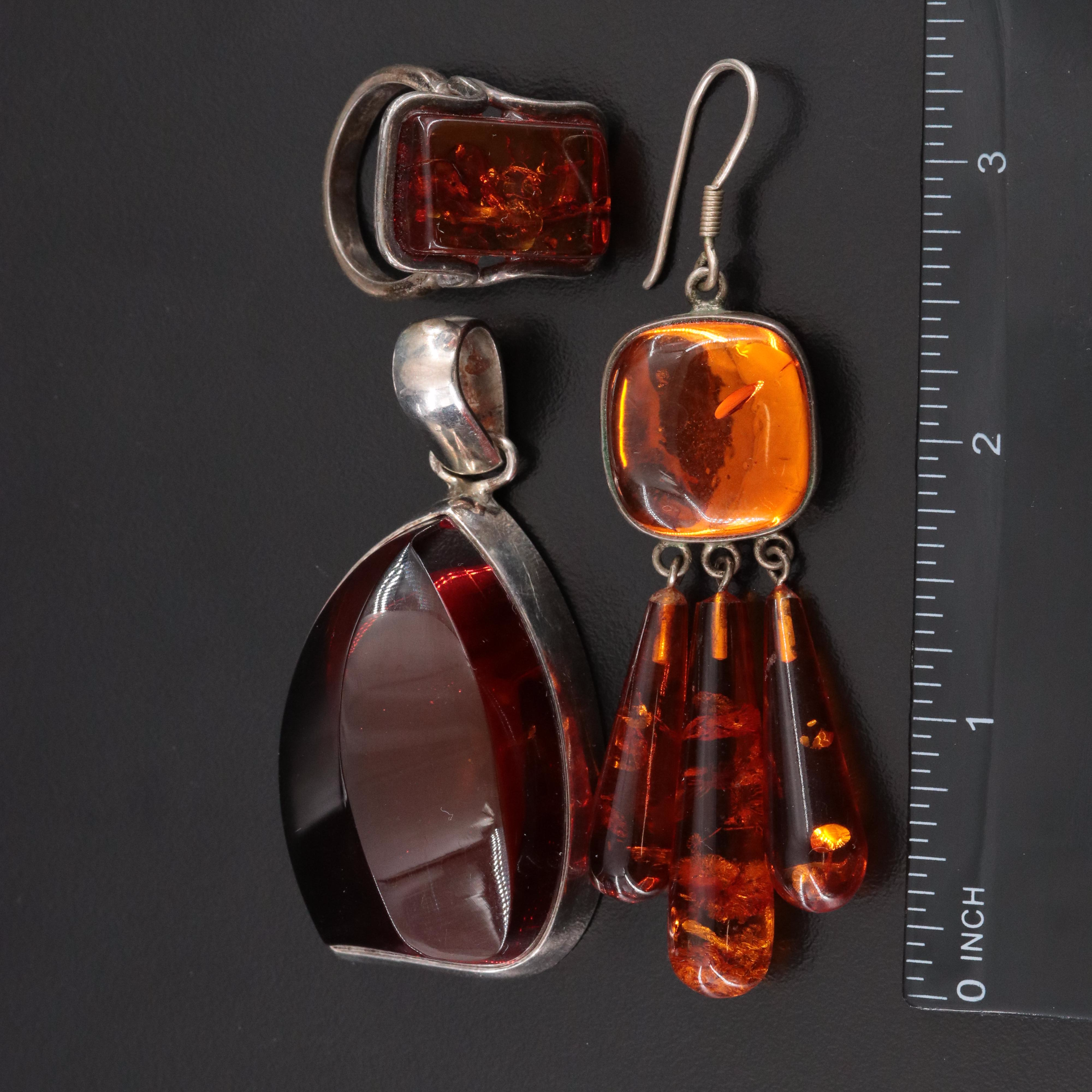 Sterling Amber Earrings, Pendant and Ring
