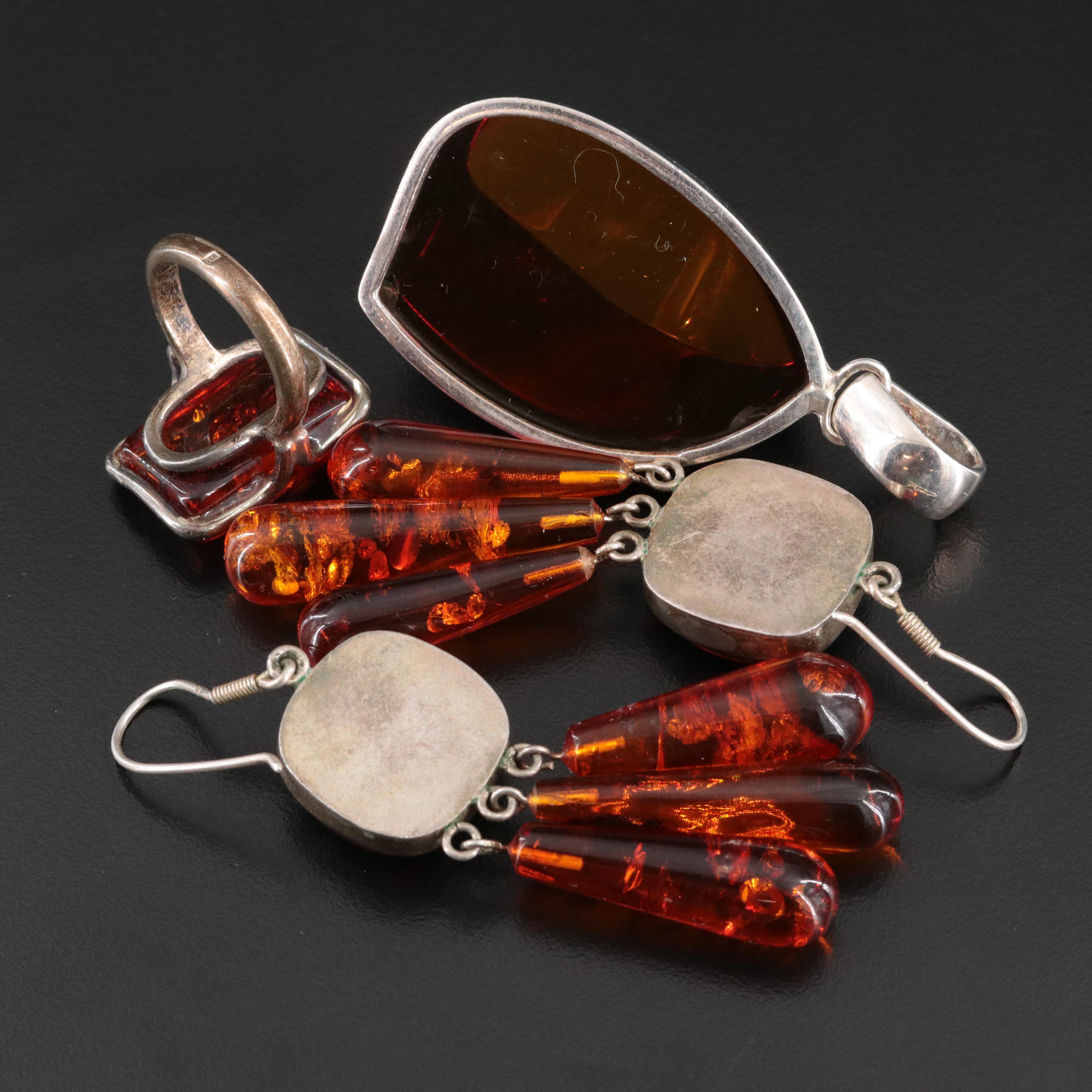 Sterling Amber Earrings, Pendant and Ring