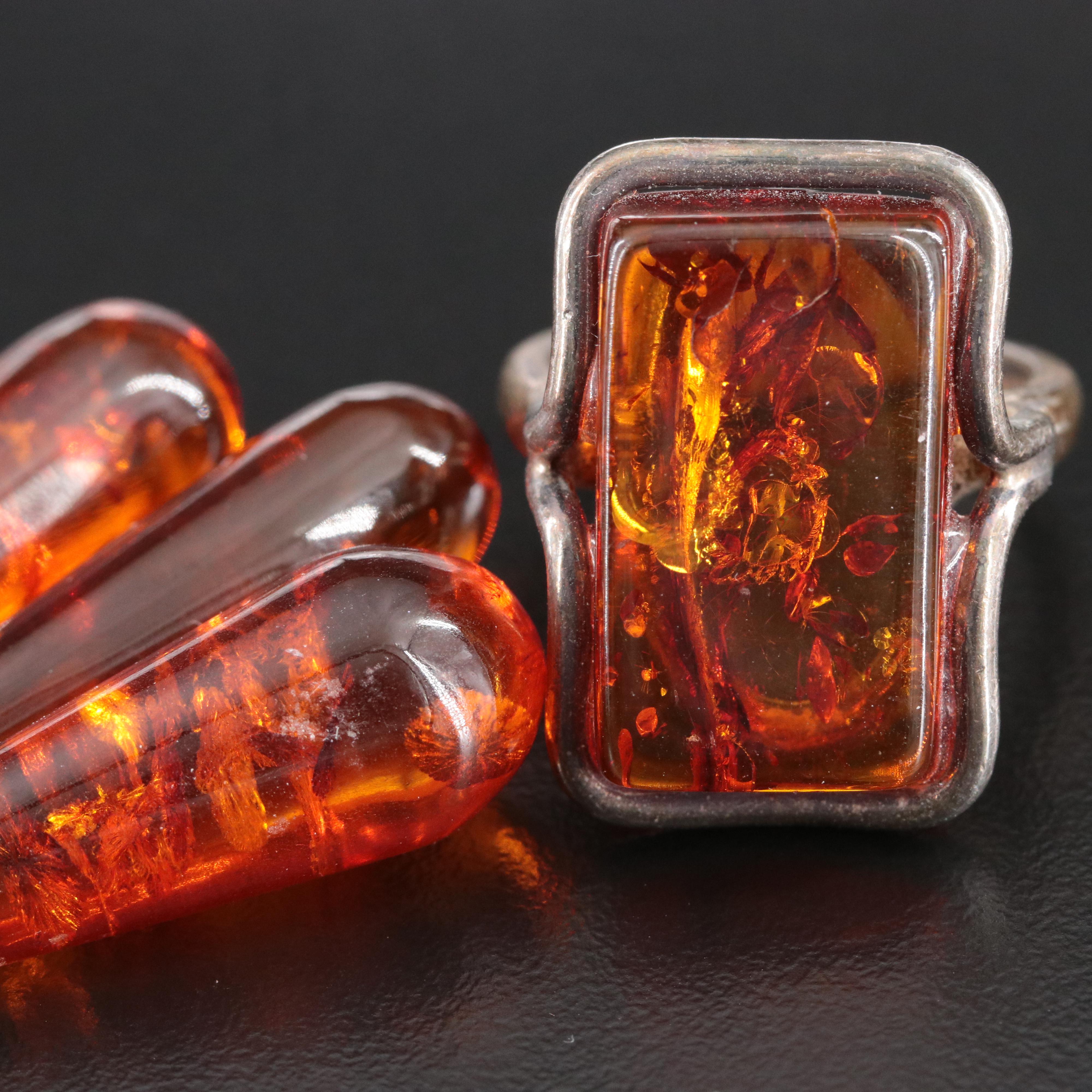Sterling Amber Earrings, Pendant and Ring