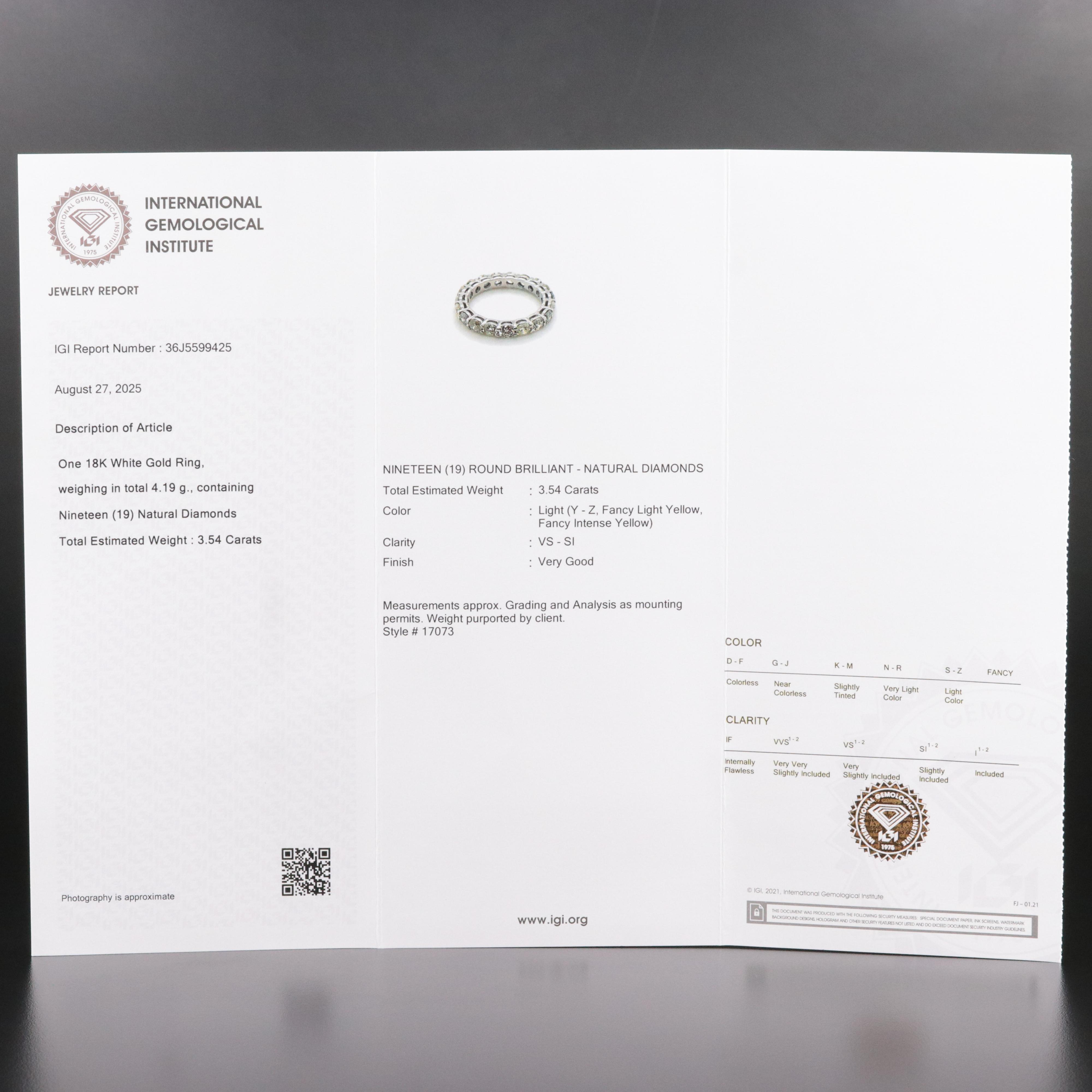 18K 3.54 CTW Diamond Eternity and with IGI Jewelry Report with Fancy Diamonds