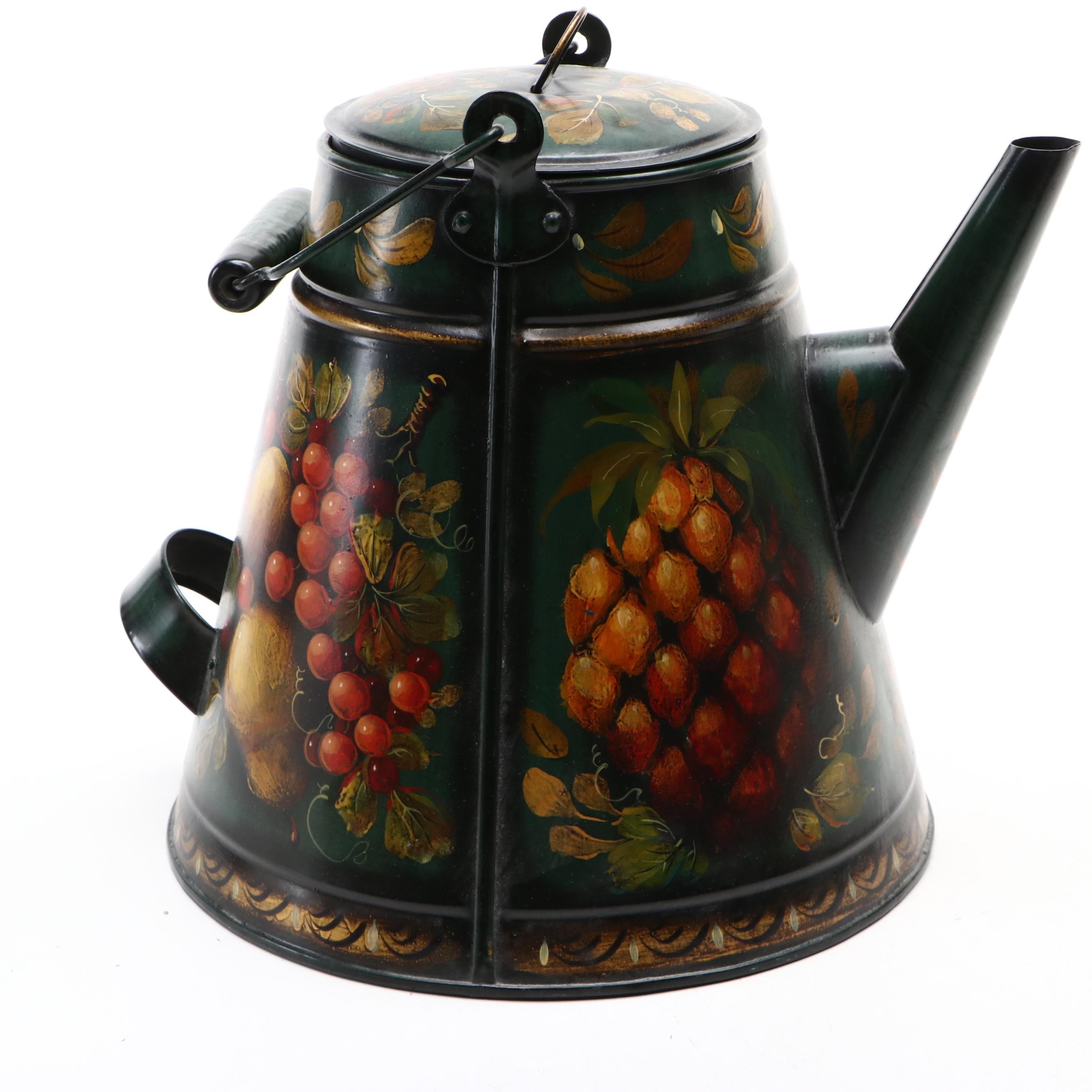 John Dunn Hand-Painted Folk Art Kettle with Tole Style Wood and Metal Canisters