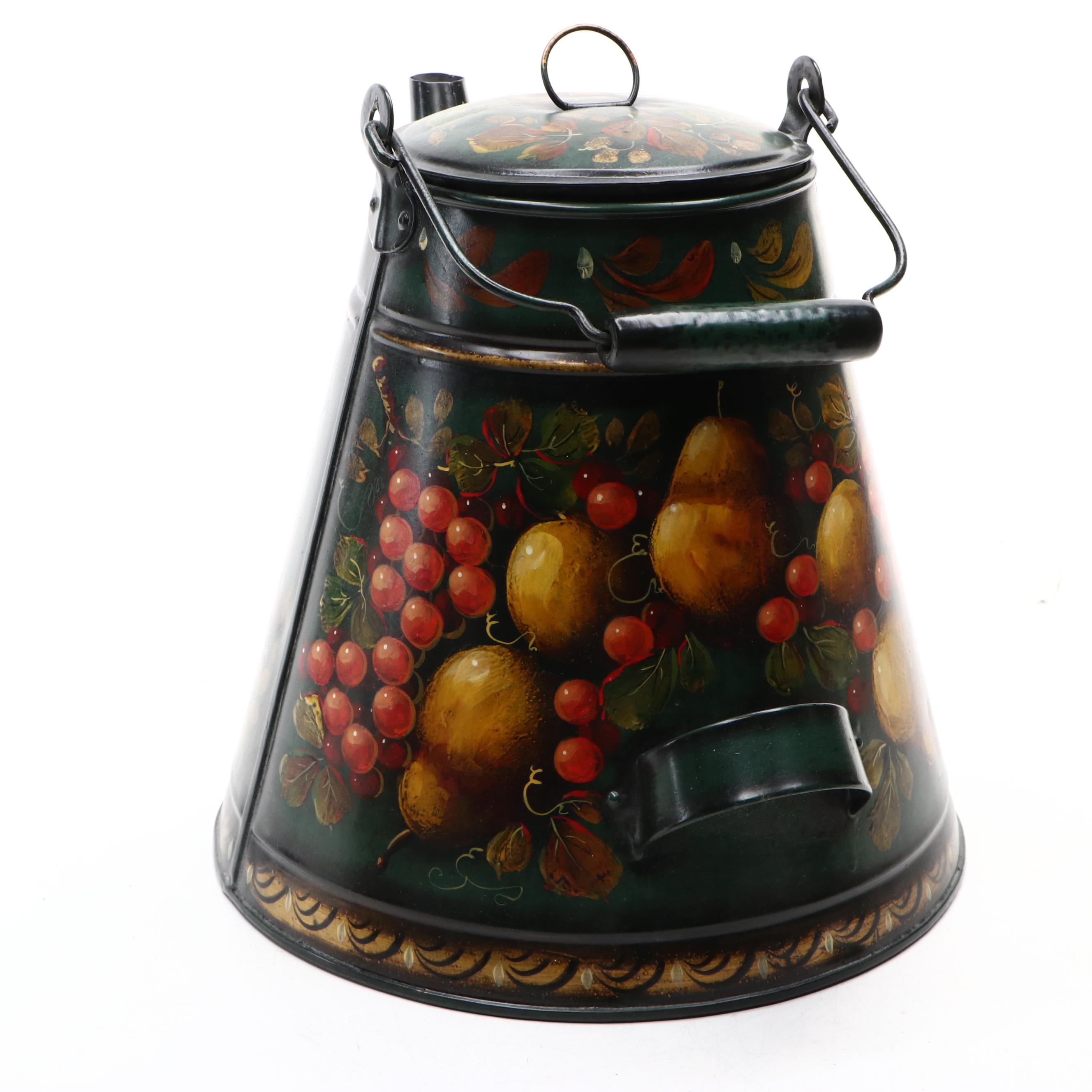 John Dunn Hand-Painted Folk Art Kettle with Tole Style Wood and Metal Canisters