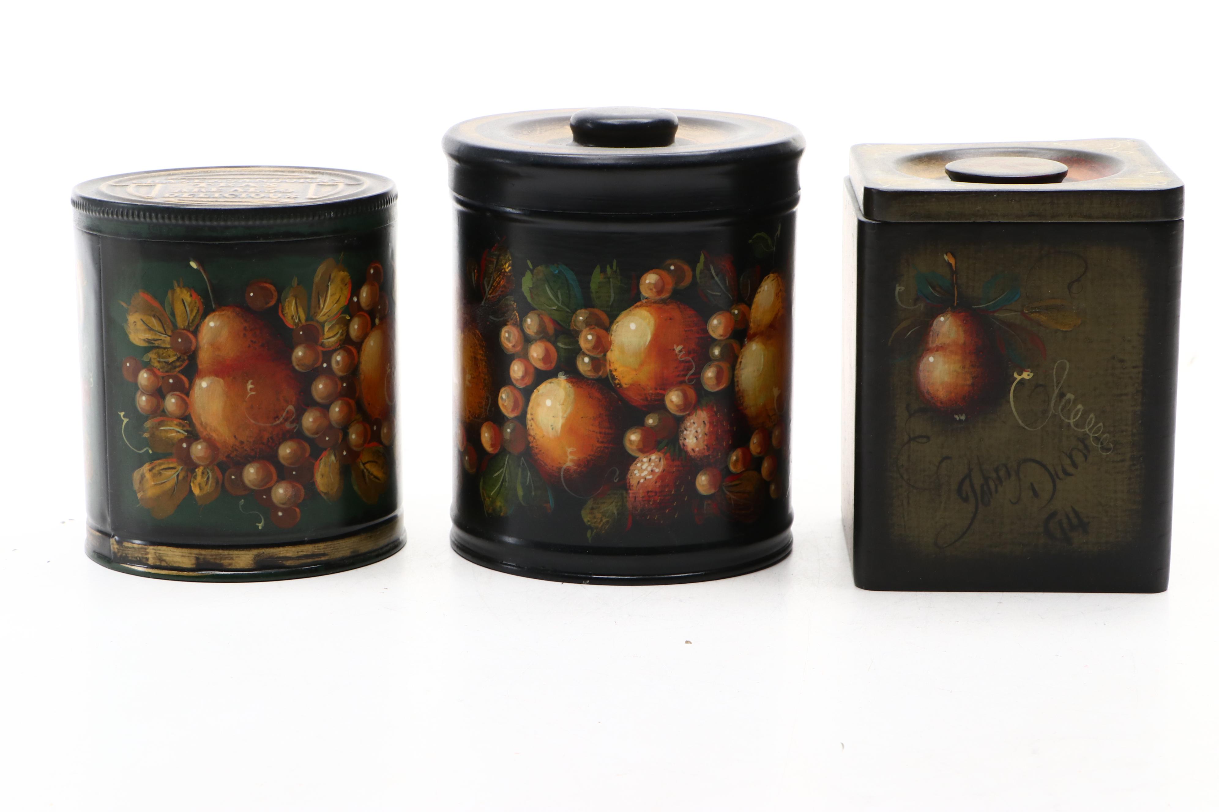 John Dunn Hand-Painted Folk Art Kettle with Tole Style Wood and Metal Canisters