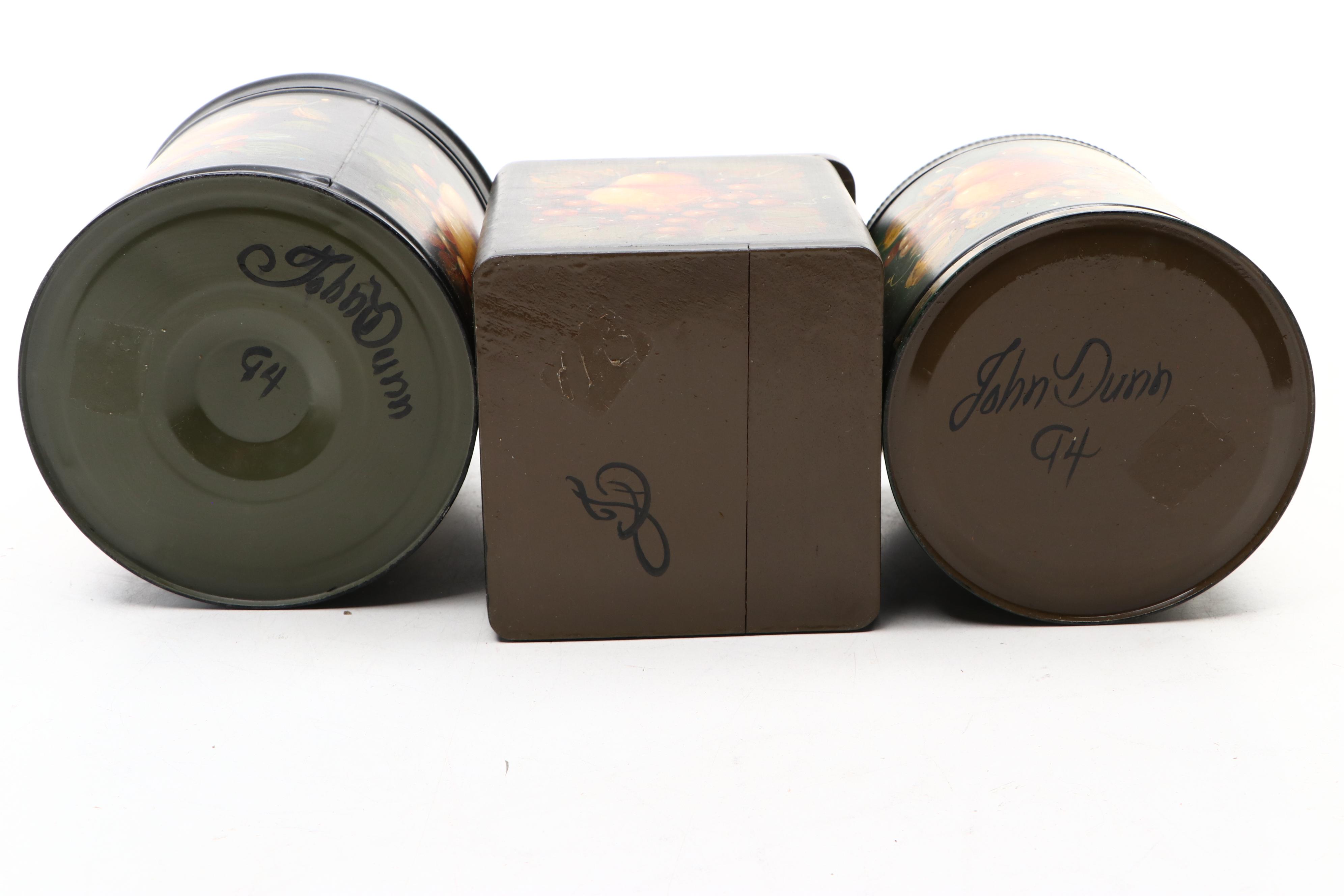 John Dunn Hand-Painted Folk Art Kettle with Tole Style Wood and Metal Canisters